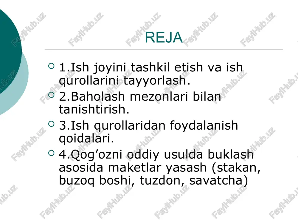 ish joyini to’g’ri tashkil etish kerakli ish qurollarini tayyorlash baholash ko’rsatkichlari va mezonlari ish joyini to’g’ri tashkil etilishi savollarga javob berish amaliy ishni bajarish jami 0,5-ball 0.5-ball 2-ball 3-ball qaychidan foydalanish qoidalari. 1. qaychini belgilangan joyda, belgilangan holatda saqlang. 2. qaychini uchini yuqoriga qilib ushlamang. 3. qaychini ochiq holda qoldirmang. 4. qaychini yurib turganingda ishlatmang. 5. qaychini faqat yopilgan holda uchidan ushlab o’rtog’inga uzating. 6. qaychini ishlatayotganda kesilishning yo’nalishi va materialni ushlab turgan chap qo’l barmoqlarini kuzatib turing. 7. yaroqsiz qaychini ishlatma, o’qituvchiga topshiring. ish joyini to’g’ri tashkil etish o’qituvchi stolning ustiga dasturxon yozib, o’ng tomoniga qaychi, yelim uchun cho’tka, chizg’ich, qalam, o’chirg’ich joylashtiriladi. o’quvchining old tomoniga yelim, qiyqimlar uchun quticha va latta joylashtiriladi. o’quvchining chap tomoniga, ish vaqtida xalaqit bermaydigan qilib rangli qog’oz to’plamini, qog’oz to’plamini va kerakli materiallar joylashtiriladi. 1 2 3 4 5 6 oq qush 2 1 4 3 xo’roz 1 2 3 4 5 quticha …