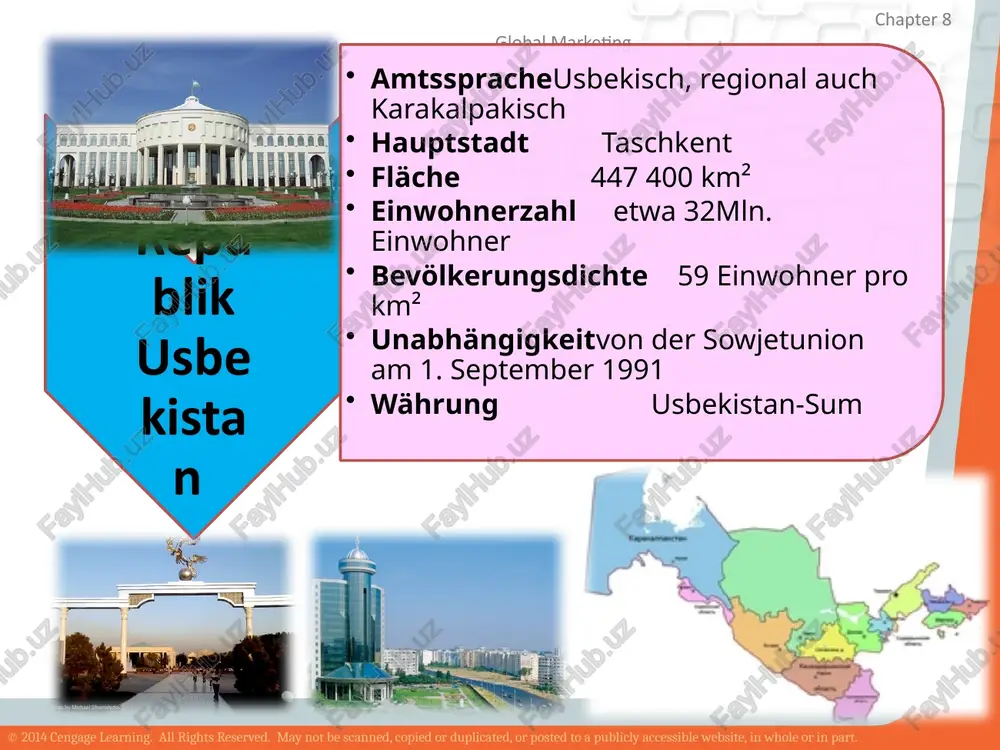erved. may not be scanned, copied or duplicated, or posted to a publicly accessible website, in whole or in part. chapter 8 global marketing außerdem ist grün die farbe des islams.dieses symbol ist in vielen ländern mit moslemischer bevölkerung verbreitet. die roten linien sind für die lebenskraft des volkes. im oberen teil der flagge befindet sich der halbmond und 12 sterne. der halbmond ist das symbol der zugehörigkeit usbekistans zur islamiscnen welt. die sterne wurden immer zu einem geistigen symbol gezählt. sie bedeuten uraltertum der kultur. 12 sterne sind für 12 viloyate. vokabeln das wappen - gerb, tamga die fahne - bayroq. die farbe - rang die frieden - tinchlik der himmel - osmon der halbmond - yarim oy der stern - yulduz die zugehörigkeit - taalluqli bo’lishligi zur islamischen welt - islom dunyosiga © 2014 cengage learning. all rights reserved. may not be scanned, copied or duplicated, or posted …