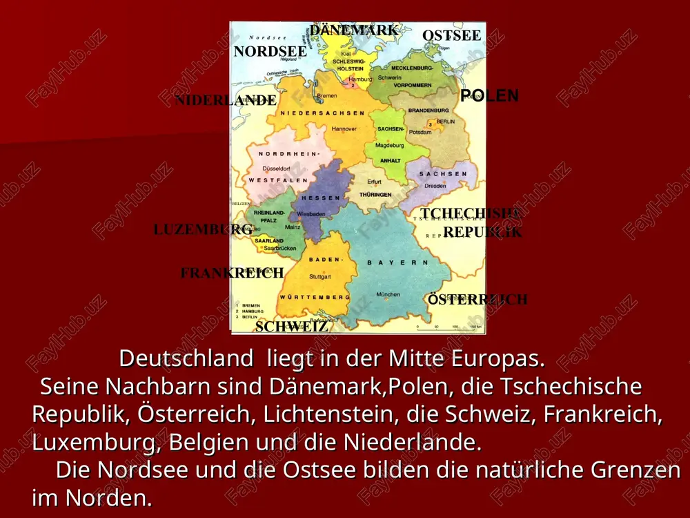 arte können wir die 9.die wichtigsten industriezweige… 10. die landwirtschaft ist.... a)hoch entwickelt. b) sind : chemische industrie, maschinenbau, optik. c)16 bundesländer. d) bundesrepublik deutschland. e)schwarz -rot-gelb. f) schön. g) wälder, felder, berge, flusse und seen sehen. h)mitte europas. i) berlin. j) industrie-und kulturzentren. 1 .deutschland heißt.... 2. sie vereinigt 3. die hauptstadt ist... 4. die staatsflagge deutschlands ist 5. deutschland liegt in der 6. die natur ist 7. es gibt hier 8.auf der landkarte können wir die 9.die wichtigsten industriezweige 10. die landwirtschaft ist 16 bundesländer. bundesrepublik deutschland berlin. mitte europas. schön. schwarz -rot-gelb wälder, felder, berge, flusse und seen sehen. industrie - und kulturzentren chemische industrie, maschinenbau, optik. hoch entwickelt. vielen dank! a. & meteorites o me ( ‘ere au avalanche pate. eruption tsunami ocean cs cracked melting = 3 toxins: teem ga, tornado flood soca pum © canstockphoto.com - csp52923259 schleswig- holstein \-bremen — ie polen niederlande …