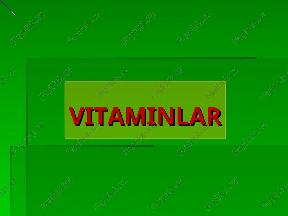 da ca biriktiruvchi oqsil sintezini fagositlar limfositlar shakllanishida prooksidaktlik xususiyatiga ega. vitamin d yetishmovchiligi d vitamin tanqisligida ingichka ichakning shilliq qavatida distrafik o’zgarishlaryuz beradi. avitaminozda raxit kasalligi to’yib ovqat yemaslik, quyosh kam tushadigan zax, nam yerlarda. yashash i degitroxoletik teri osti yog’ kelichatkasida bo’ladi. u quyosh nuri tasirida d ga aylanadi. gepirvitaminozda d yurak muskullarida, aorta devori, buyraklarda to’planadi. ko’ngil aynishi, qusish, bosh og’rig’i kamqonlik, ruxan ezilish kuzatiladi. vitamin k mavjud: ko’k pomidorda, karam bug’doyda, ko’katlarda ko’p uchraydi. biokimyoviy funksiyasi vitamin k odamda normal ichak mikroflorasida tomonidan. sintezlaydi ovqatdagi vitamin k ko’proq ichakning proksimal qismidan o’t kislatalari va pankreatik lipaza ishtirokida suriladi. u jigarda qon ivishini taminlovchi oqsilllar sintezida qatnashadi. vitamin k n a f t i x i n o n yetishmovchiligi vitamin k yetishmasligi qon ivishini sekinlashtiradi. natijada qon ketishi va gemorragik belgilar. avitaminoz xollarda hujayra membranadagi xolistirin miqdori kamayishi ham aniqlanadi. vitamin e mavjud; sut, bug’doy, jigar, …