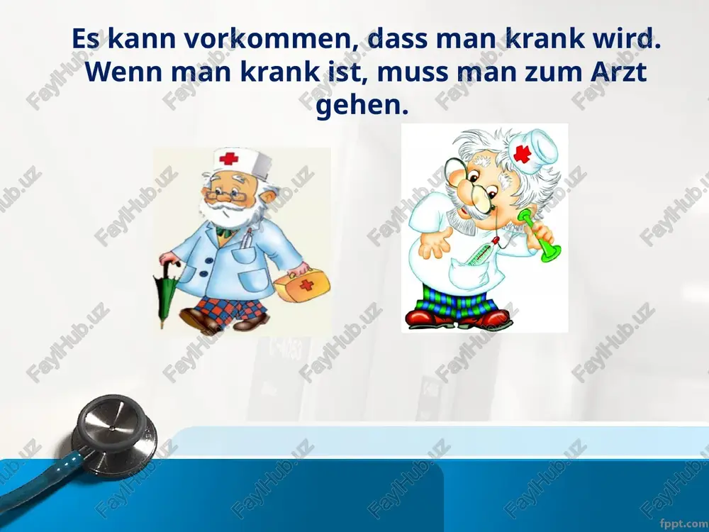 liche krankheiten wie aids und krebs. es gibt leichtere krankheiten, die auch zu hause geheilt werden können, wie zum beispiel halsschmerzen, kopfschmerzen, bauchschmerzen, magenschmerzen, erkältung oder grippe. im winter sind die leute oft krank, meistens haben sie grippe. die typischen symptome dieser krankheit sind: man fühlt sich unwohl, der hals wird rot, die zunge ist belegt und man hat fieber. ich bin nicht oft krank, aber manchmal bekomme ich eine grippe. ich bin dann schwach und müde. der arzt empfiehlt mir viel vitamine zu essen, tee zu trinken und eine woche lang das bett zu hüten. was machen wir bei grippe? trinken tee spielen fußball sehen fern wohin gehen wir, wenn wir krank sind? ins kino nach hause ins krankenhaus was machen wir, um gesund zu sein? treiben sport essen vitamine rauchen nicht fortsetzt die reihe! spritze, tabletten, pillen, …; halsschmerzen, kopfschmerzen, bauchschmerzen, …; aids, krebs, grippe, …; http://www.de-online.ru/index/u_vracha_beim_arzt_topik_po_nemeckomu_jazyku/0-414 image2.jpg …