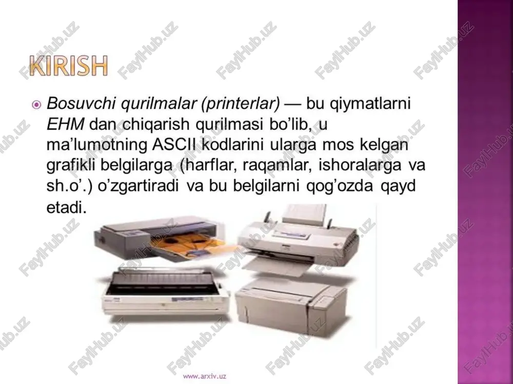 lab (20 tagacha) sahifalargacha (zarbsiz lazerli printerlar) oraliqda; o’tkazish qobiliyati millimetrda 3-5 nuqtadan millimetrda 30-40 nuqtagacha bo’ladi (lazerli printerlar). matnli bosish uchun umumiy holda turlicha bosish sifati bilan tavsiflanuvchi quyidagi rejimlar bor: - homaki bosish rejimi (draft); - bosmaxonanikiga yaqin bosish rejimi (nlq – near letter quality); - bosmaxonaniki kabi bosish rejimi (lq- letter quality); - yuqori sifatli bosish rejimi (slq- supper letter quality). printerlar, odatda, ikki rejimda - matnli va grafikli rejimlarda ishlashi mumkin. matnli rejimda printerga bosilishi kerak bo’lgan belgilar kodi yuboriladi, shu bilan birga belgilar konturi printerning ishora generatoridan tanlab olinadi. grafikli rejimda printerga tasvir nuqtalarining ketma-ketligi va joylashgan joyini aniqlovchi kodlar yuboriladi. matnli rejimda printerlar odatda bir nechta shriftlarni va ularning turli ko`rinishlarini qo'llaydi, ularning ichida roman (yozuv mashinkasining mayda shrifti), italik (kursiv), boldface (yarim qora), expandent (cho`zilgan), elite (yarim siqilgan), condenced (siqilgan), pica (tug`ri shrift - sitsero), prestige elite (prestij-elita) va proportsionalli shrift (belgi uchun …