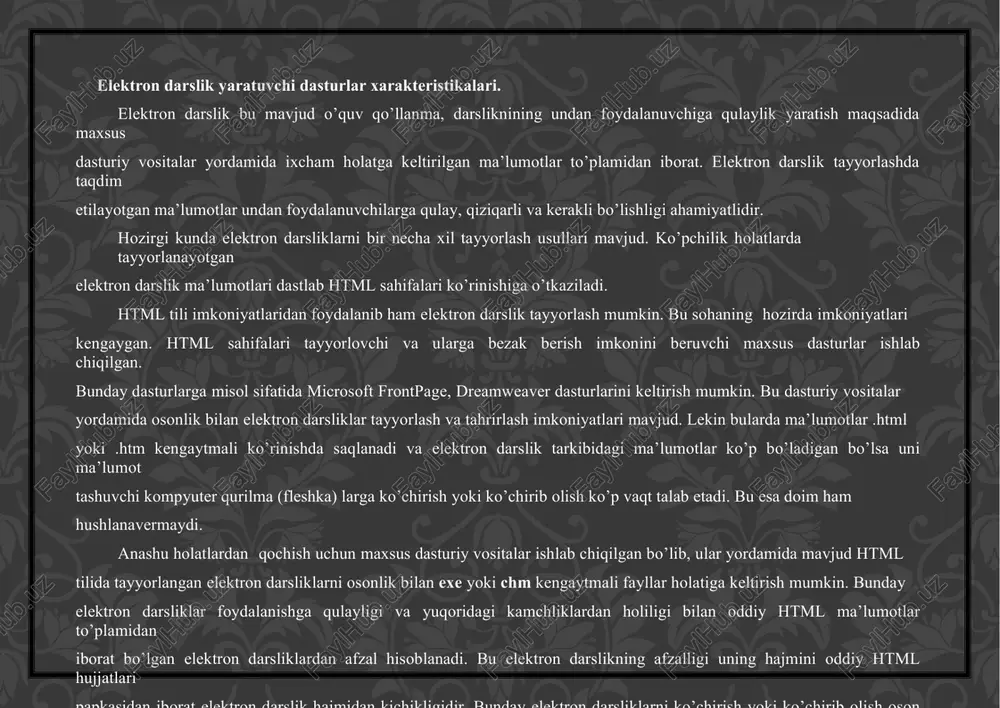 html ma’lumotlar to’plamidan iborat bo’lgan elektron darsliklardan afzal hisoblanadi. bu elektron darslikning afzalligi uning hajmini oddiy html hujjatlari papkasidan iborat elektron darslik hajmidan kichikligidir. bunday elektron darsliklarni ko’chirish yoki ko’chirib olish oson va qisqa vaqt talab etadi. butun bir-biriga bog’langan html ma’lumotlar bitta exe yoki chm fayli holatiga keltiriladi. bunday elektron darslik tayyorlovchi dasturlar orasida sbookbuilder va htm2chm dasturlari o’ziga xos mavqega ega. quyida anashu dasturlar imkoniyalari bilan tanishib chiqamiz. elektron darsliklar yaratuvchi dasturlar bilan ishlash sbookbuilder dasturi yordamida elektron darsliklar tayyorlash. hozirda vaqtda bir necha xil elektron darslik tayyorlash imkonini beruvchi dasturlar mavjud. oddiy html ko’rinishida elektron darslikni biror bir matn muharrida ham tayyorlash mumkin (misol uchun, html sahifalarni notepad matn muharrida tayyorlash uchun html kodlarini matn muharriga yozib saqlashda .htm yoki .html kengaytma berish kifoya ) yoki maxsus html ma’lumotlar tayyorlashga mo’ljallangan microsoft frontpage, dreamweaver kabi dasturlari yordamida ham tayyorlash mumkin. lekin .chm yoki .exe kengaytmali faylllar o’zining …
