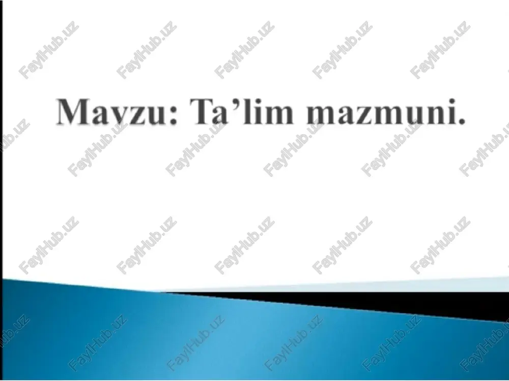 i bir necha turga ajratiladi: > namunavly dasturlar; > ishchi dasturlar; > mugqobil dasturlar; > mualliflik dasturlar; > individual dasturlar. a | o*quv dasturlarini yaratishning ustuvor tamoyillari | | imiylik | goyaviylik amaliyot va nazariya birligi al ta’lim va tarbiya birligi tizimlilik rt tarixiylik "a ls >) o‘quv predmetlarning o‘quvchilarning yosh xu- l o‘zaro bog ‘liqligi susiyatlarini hisobga olish ) mos kelishi [ti tarbiyasining 1jtimoiy mest a o quy dasturlari muayyan tarkibiy tuzilmaga ega bo ladi: 1. ugtirish xati (yoki kirish). 2. o'quv fanining maqsadi va vazifalari. 3. fan bo’yicha talabalarning bilim, ko’nikma va malakalariga qo yiladigan talablar. 4. fanning o’quv rejadagi boshga fanlar bilan o°zaro bog'ligligi va uslubiy jihatdan uzviy ketma-ketligi. 5. fanning ta’lim sohasidagi ori. 6. fanni oqitishda zamonaviy axborot va pedagogik texnologiyalar. 7. fanni o’qitish jarayonini tashkil etish va otkazish yuzasidan tavsiyalar. 8. fanning hajmi va mazmuni. 9. o'quv fanining rejasi. 10. fanning nazariy (ma’ruza) mashg‘ulotlari mazmuni. …