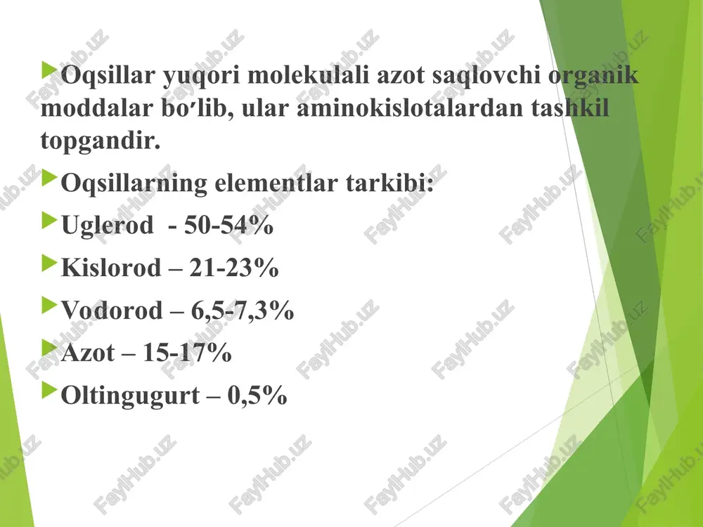 sos xossasiga kora: neytral, asosli va kislotali aminokislotalar a) neytral – bu monoaminomonokarbon glicin izoleycin serin prolin alanin metionin treonin triptofan valin fenialanin aspargin leycin glutamin alanin ch3 – ch – cooh nh2 b) asosli – bu diaminomonokarbon kislotalar, musbat zaryadli: arginin, gistidin, lizin. lizin v) kislotali– bu monoaminodinokarbon kislotalar, manfiy zaryadli: aspargin kislota, glutamin kislota cistein, tirozin. nh2 – (ch2)3 – ch2 – ch – cooh nh2 aspargin kislota noos– ch2 – ch – cooh nh2 ііі. radikalni kutubliliga karab yoki suv bilan ta’sirlanishi xossasiga kura aminokislotlar bulinadi: a) nopolyar (gidrofob); a) almashtirib bulmaydigan(10): b) polyar (gidrofil). іv. fiziologik yeki biologik kiymatiga kura aminokislotlar bulinadi: b) almashtirib buladigan: glitsin, alanin, serin, asparaginovaya kislota, glutaminovaya kislota, asparagin, glutamin, sistein, sistin, tirozin. arginin metionin valin treonin gistidin triptofan izoleysin fenilalanin leysin lizin oqsillar tasnifi shakli (globulyar va fibrillyar) molekulyar massasi (kichik va yuqori molekulali) kimyoviy tuzilishi (oddiy va murakkab) bajaradagan funksiyasi …