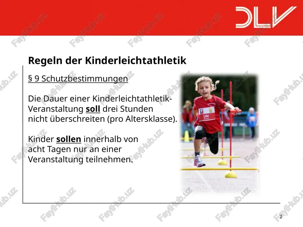 ettbewerb durchgeführt werden, unterliegen jedoch allen regeln der kinderleichtathletik. „“ ‹#› die u12 …unterliegen allen regeln der kinderleichtathletik! das heißt, auch in einem mehrkampf erfolgt eine addition der ranglistenpunkte der einzeldisziplinen. es gibt nur noch teamwertungen (keine klassischen mehrkampf-mannschaftswertungen), die aus gemischten teams mit 6-11 kindern einer doppelaltersklasse bestehen. zur ergebnisermittlung des teamwettbewerbs werden nicht mehr die punkte der besten 5 mehrkämpfer addiert, sondern die jeweils besten 6 disziplinergebnisse eines teams. „“ ‹#› die u12 die m/w 11 darf in der u14 (staffel & djmm) bzw. der m/w 12 (einzeldisziplinen) starten, wenn die relevanten voraussetzungen der dlo §§ 4-14 erfüllt sind. das bedeutet, unter anderem, einen startpass besitzt! für die kinder der u12 kann ein crosslauf als einzeldisziplin im rahmen einer crosslauf- veranstaltung durchgeführt werden (z.b. im rahmen kreis-meisterschaften crosslauf). „“ ‹#› übergangsjahr - die u10 team u10 (kinder u10) 9/8 jahre männliche kinder u10 (m9/ m8) weibliche kinder u10 …