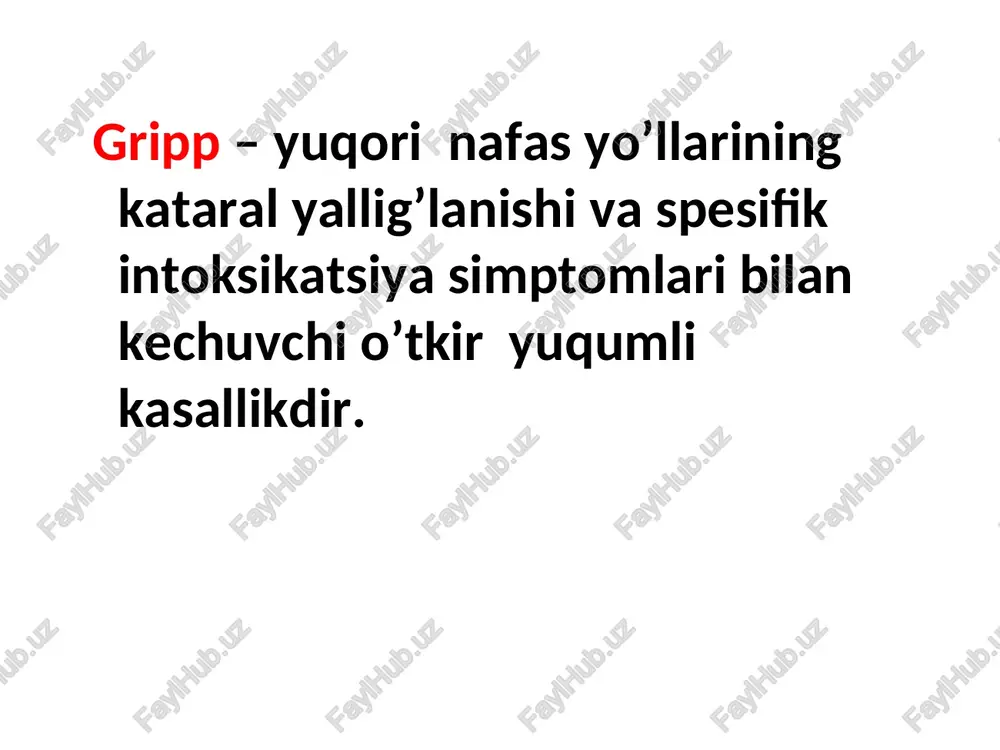 yuqori isitma umumiy intoksikatsiya belgilari turli darajadagi respirator traktning zararlanish sindromlari klinikasi og’ir lik darajasiga ko’ra farqlanadi: engil formasi - t 38ºc, umumiy intoksikatsiya simptomlari va kataral belgilar kuchsiz rivojlanadi o’rta og’ir formasi- t 40ºc, umumiy intoksikatsiya simptomlari va kataral sindromlar kuchli rivojlanadi, quruq yo’tal bilan kechadi og’ir formasi - t 40ºcdan yuqori, davomli, umumiy intoksikatsiya simptomlari kuchli rivojlanadi va og’riqli yo’tal klinikasi (laborator ko’rsatgichlar) periferik qonda birinchi kunlari kuchsiz leykotsitoz, keyinchalik kasallikning 2-3 kuni leykopeniya bilan almashinadi echt - normal, ba’zan biroz oshadi bakterial asorat kushilganda sezilarli leykotsitoz, neytrofillar chapga siljishi, echt ning oshishi bilan kechadi grippning asoratlari maxsus asoratlari: o’pka shishi meningizm seroz meningit ensefalit meningoensefalit eshituv nervi nevriti soxta krup infeksion-allergik miokardit reya sindromi nospesifik asoratlari: o’tkir virusli-bakterial pnevmoniyalar sinusitlar evstaxeitlar otitlar, mastoiditlar angina va surunkali infeksiyaning aktivlanishi va (tvs, revmatizm, surunkali tonzillit, pielonefrit) grippning diagnostikasi gripp diagnozi klinik-epidemiologik ma’lumotlarga asoslangan holda qo’yiladi. kasallikning laborator tasdiqlanishi o’zrssv …