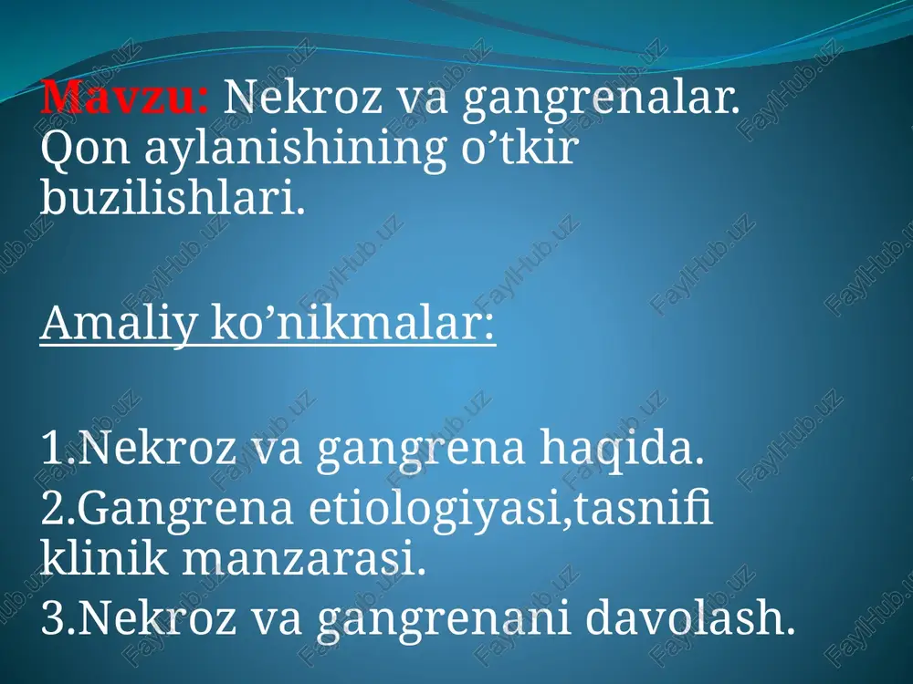 a,o't pufagi,ko'richak,chuvalchangsimon o'simtasi(appendiks), ingichka ichida rivojlanishi mumkin. gangrena kelib chiqishi,klinik manzarasi va to'qimalarning qanchalik zararlanganiga qarab, quyidagicha tasniflanishi mumkin: 1. etiologiyasiga muvofiq: spesifik va nospesifik. 2. to'qimalarning qanchalik zararlanganligiga qarab: yuza, chuqur,umumiy (total). 3. klinik kechishiga ko'ra : quruq, yiringli (nam). nospesifik gangrena jarohatlanish yoki qon tomirlarning uzoq vaqt bosilib qolishi, keng ko'lamda kuyishlar, xirurgik infeksiya, trofik o'zgarishlar (surunkali yaralar, yaralar), trombozlar va emboliya tufayli kelib chiqadi. spesifik gangrena ateroskleroz, obliteratsiyalovchi endartrit, endokrin kasalliklari, qand kasalligi oqibatida yuz beradi. spesifik gangrena klinik manzarasining xususiyatlarini hisobga olib,quyidagi gangrenalar ajratiladi: aterosklerotik marantik gangrena; yuvenil yoki spontan gangrena (q. spontana) simmetritk gangrena (q. symmetrica syn. morbus raynaudi) quruq gangrena ko'proq oyoq-qo'lga tegishli kasallikdir. u bemorlarda qon aylanishi buzilishining kuchayib borishi bilan asta-sekin rivojlanadi (ayniqsa, qo'1-oyoqqa noqulay fizik va kimyoviy omillar qo'shimcha ta'sir ko'rsatganda). patolo-anatomik manzarasi. to'qimalar tezda suvsizlanib quriydi, mo'miyolanadi, qattiqlashib bujmayib qoladi va jigarrang yoki ko'kish-qora tusga kiradi. jarayon cheklangan bo'lib, odatda …