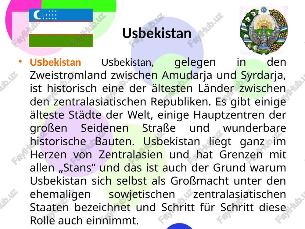 aßnahmen um programmziele zu erreichen. bildungssystem in usbekistan: etappen der bildung allgemeine bildung- insgesamt 12 jahre, obligatorisch und fakultativ grundschule: 4 jahre sekundarstufe: 5 jahre gleiche schule oberstufe – kollegs mit spezialisierung auf bestimmte berufe 3 jahre oder akademische lyzeen bildungssystem in usbekistan: etappen der bildung hochschulbildung bachelor: 4 jahre master: 2 jahre bildung nach der hochschulbildung biss 1. januar 2013 aspirantura= phd schule: 3 jahre - akademischer grad: ”kandidat der wissenschaften” = phd doktorantura: mindestens vier jahre akademischer grad - ”doktor der ………wissenschaften” jetzt doktorandenkolleg: 3 jahre akademischer grad- ” doktor der ………wissenschaften” bildungssystem in usbekistan: hochschultypen: universität: alle fachrichtungen: natur, geistes wissenschaften, philologie, pädagogik u.a. bildet fachkräfte in allen bereichen aus. führt fundamentale und angewandte forschungen durch. akademie und institut: spezialisierung in einer bestimmten fachrichtung: landwirtschaft, ökonomie, finanzen und etc. zurzeit gibt es in usbekistan insgesamt 75 hochschulen, bestehend aus 23 universitäten, 4 akademien und aus 48 instituten, …