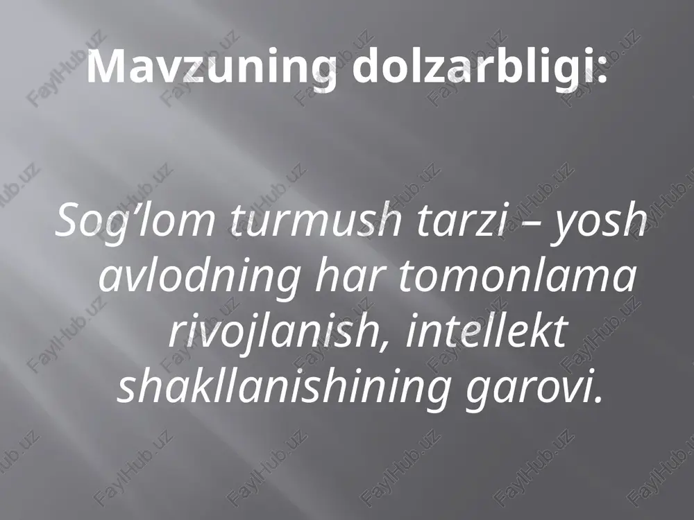 aysiz! yangi zelandiyada: asal – stafilokokning davosi hindistonda: ziravorlarning foydasi sog’lom turmush tarzi: kimda qanaqa? islandiyada: baliq moyining foydasi fransiyada: taomdan lazzatlana biling! italiyada: yaqinlaringizni yolg‘izlatib qo‘ymang! yaponiyada: ko‘k choy va soya ta’mi anketa savollari qanday baholarda o’qiysiz? _________________________________________ bir sutkada necha soat uxlaysiz? _________________________________________ bir sutkada necha soat dars tayyorlaysiz? _________________________________________ bir sutkada necha soat televizor ko’rasiz? _________________________________________ internet uchun qancha vaqtingiz sarf bo’ladi? _________________________________________ qaysi saytda bo’lish sizga ko’proq yoqadi? __________________________________________ shug’ullanadigan sport turingiz bormi? qaysi? __________________________________________ darsdan so’ng ishlaysizmi? __________________________________________ qaysi mashg’ulot o’qishdan tashqari eng ko’p vaqtingizni oladi? _________________________________________ uyali aloqa vositasi bilan gaplashishga qancha vaqt sarflaysiz? __________________________________________ 1 sutkada internet uchun qancha vaqtingiz sarf bo’ladi? xulosa : sog’lom turmush tarzi kun va ishni biologik rejimlar asosida tashkil qilish; faol dam olish; badantarbiya va sport bilan shug’ullanish; shaxsiy gigiyenaga rioya qilish; ovqatlanishni to’g’ri tashkil qilish; ruhiy osoyishtalikdan iborat. e’tiboringiz uchun rahmat! image2.jpeg image3.jpeg image4.jpeg image5.jpeg image6.jpeg image7.png …