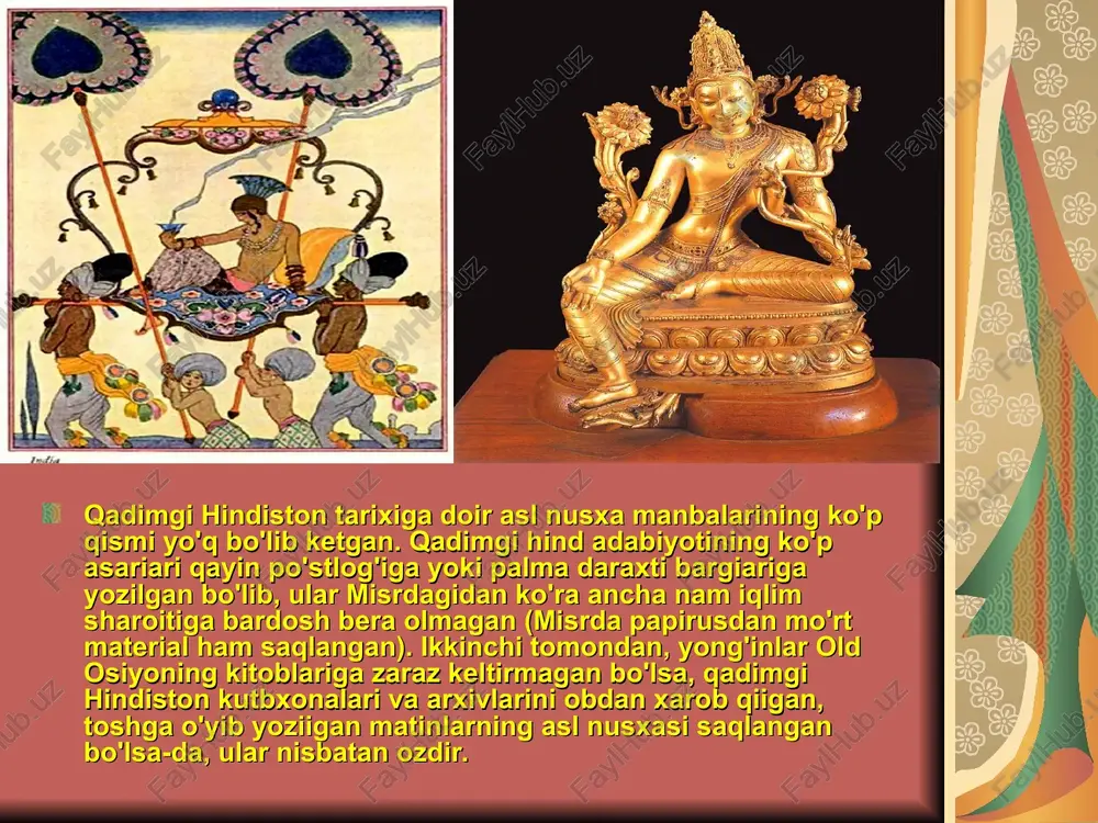tosh davriga oid g`orlardagi rasmlar, qiz-dirilgan loydan tayyorlangan buyumlar, zargarlik bezaklari saqlangan. mohenjodaro, xarappa va hind daryosi havzasining markazlarida mil. av. 3—2-ming yillikda ilk sinfiy jamiyat san`ati rivojlandi (hayvon va mifologik obrazlar tasvirlangan bo`rtma muhrtumorlar, haykalcha va b.). mil. av. 4—2a.larda toshdan yodgorliklar tayyorlandi (didarganjadan topilgan ma`budalar haykali, sarnatxadan topilgan "sherali kaptel"). mil. 1— 5-a.larda kushon podsholigi davrida gandxara badiiy maktabiga mansub buddaviy haykallar yasash rivojlandi. 5—7-a.larda devoriy rassomlik gul-lab yashnadi (ajantadat g`or ibodatxonalar). 10— 12-a.larda bronza haykal-taroshligi keng tarqaldi [raqs tushayo-tgan shiva (natarajan) haykalchasi]. 13-a.dan dehli sultonligi va keyinchalik boburiylar davlati davrida amaliy bezak san`ati va kitob mini-atyurasi taraqqiy etdi. o`rta asrlarda hindistomda miniatyura san`ati rivojlandi. dastlabki hind miniatyura maktablaridan gujarot maktabi mashhur bo`lgan. 16-a.da miniatyura san`atining boburiylar maktabi vujudga keldi. bu maktab vakillari tasvirning haqqoniy bo`lishiga intildi; tarixiy risolalarga bezaklar yaratish, portret va ani-malistik janrlar keng tarqaldi. mustamlakachilik davrida h. professional san`ati deyarli rivojlanmadi, xalq hunarmandchiligi (gilam to`qish, …