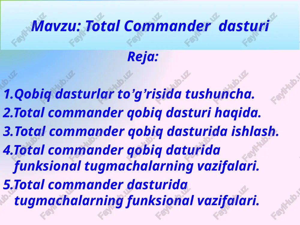 tal commander dasturi ishga tushgandan so`ng ekranda fayllar ro`yxati va ular haqidagi axborotlar yozilgan qo`sh chiziq bilan chegaralangan ikkita to`g`ri to`rtburchak shaklidagi oynalar paydo bo`ladi. www.arxiv.uz total commander qobiq dasturida ishlash. www.arxiv.uz f1 – bajarilayotgan ish xaqida yordam chakiruvchi. f2 – tahrirlash. fayl yoki katalogni nomini o`zgartirish. f3 – ajratilgan faylni ko`rish. f4 – ajratilgan faylni taxrirlash. f5 – aktiv yoki tanlangan fayldan yoki papkadan nusxa olish. f5 tugmasi bosilganda nusxa (kopirovat (copy) olish darchasi paydo bo`ladi. paydo bo`lgan darchasida enter tugmasi bosiladi, natijada fayldan qo`shni papkasiga nusxa olinadi. www.arxiv.uz total commander dasturida funksional tugmalarning amallari f6 – fayl yoki katalogni ko`chirish yoki qayta nomlash. bu tugmaning ikkita vazifasi bor. fayl yoki papkani qayta nomlash va ko`chirish. f6 tugmasi bosilganda ko`chirish/qayta nomlash (rename/move) (pereimenovanie/perenos) darcha paydo bo`ladi. agar obhektni ko`chirmoqchi bo`lsangiz enter tugmasi bosiladi, agar obhektni qayta nomlamoqchi bo`lsangiz bunda qayta nomlash darchasidagi yahni qayta nomlash satrida so`zlarni o`chirib qayta …