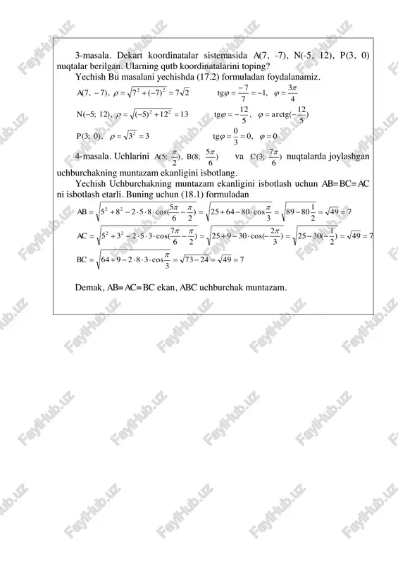 i isbotlang. yechish uchburchakning muntazam ekanligini isbotlash uchun ab=bc=ac ni isbotlash etarli. buning uchun (18.1) formuladan 7492473 3 cos382964 749) 2 1 (3025) 3 2 cos(30925) 26 7 cos(35235 749 2 1 8089 3 cos806425) 26 5 cos(85285 22 22       bc ac ab demak, ab=ac=bc ekan, abc uchburchak muntazam.