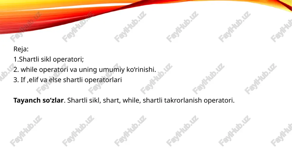 ir marta ham bajarilmaydi. shart oldi takrorlanuvchi operatorlarning python dasturlash tilida ifodalash uchun while operatori yordamida tasvirlanadi. takrorlash strukturasi bir ifoda yoki operatorlarni ma'lum bir shart to‘g‘ri (true) bo‘lishi davomida qaytarish imkonini beradi. qaytarilayotgan ifoda shartga ta'sir ko‘rsatishi kerak. ma'lum bir vaqt o‘tgandan keyin shart false ga o‘zgartilishi kerak. bo‘lmasa while (davomida) ish jarayoni tugatilmaydi va cheksiz bajarilib qoladi, bu esa mumkin emas. while faqat 76 o‘zidan keyin kelgan ifodaga ta'sir qiladi. agar biz bir guruh amallarni qaytarmoqchi bo‘lsak, : dan keyin enter bilan operatorlarni yozishimiz kerak. shart takrorlanishning boshida tekshirilganligi sababli, agar shart noto‘g‘ri bo‘lib chiqsa, takrorlanish bajarilmasligi ham mumkin. ta’rif: agar shartli takrorlanuvchi jarayonlar tarkibidagi shart takrorlanishdan oldin tekshirilsa, shart oldi takrorlanuvchi jarayonlar deyiladi. takrorlanuvchi operator tarkibiga beriladigan shart tahlil qilinib yozilish kerak, chunki shart hech qachon yolg‘on qiymat qabul qilmasa, dastur cheksiz ishlashga to‘g‘ri keladi. takrorlanish hech qachon cheksiz bo‘lishi mumkin emas, aks holda algoritmning diskretlik hossasi …
