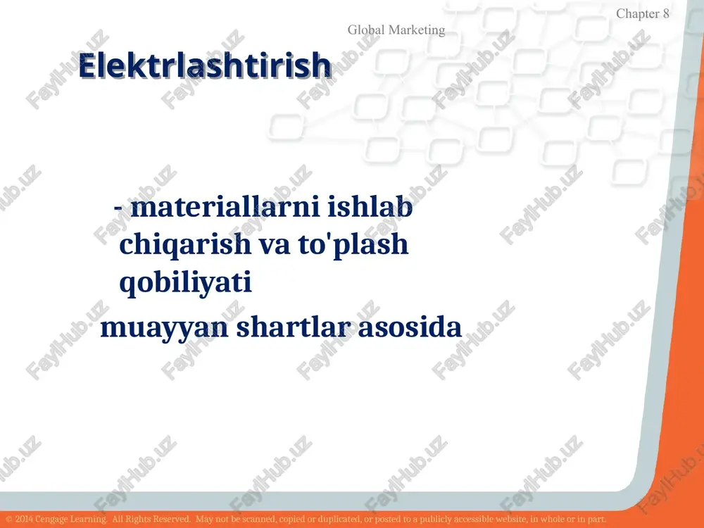 i -to'liq to'yguncha mato tomonidan ushlab turilgan suv miqdori. © 2014 cengage learning. all rights reserved. may not be scanned, copied or duplicated, or posted to a publicly accessible website, in whole or in part. chapter 8 global marketing havo o'tkazuvchanligi - 3 mm suvdagi suv ustunining bosimi ostida 1 sm2 mato orqali 2 soniyada havo miqdori (cm5 da).st. kimyoviy tolalardan viskoz oliy namlik assimilyatsiya; yuqori higroskopiklik; yuqori va uzoq bug'lanish; tanaga yopishish qobiliyati; keyinchalik kuchli issiqlik tarqalishi. asetat past higroskopiklik va namlik; elektrostatik oqimlarning shakllanishi. © 2014 cengage learning. all rights reserved. may not be scanned, copied or duplicated, or posted to a publicly accessible website, in whole or in part. chapter 8 global marketing sintetik tolalardan mexanik kuch; aşinma qobiliyati; kimyoviy va biologik omillarga qarshilik; antimikrobiyal xususiyatlar; yuqori elastiklik; kam higroskopiklik; yuqori issiqlik o'tkazuvchanligi; noxush hidlarni ushlab turish; yomon kechikish; elyaf tarkibiy qismlarini yo'q qilish va toksik moddalarning …