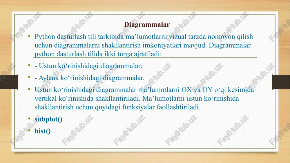 umotlarni shakllantirishingiz kerak bo‘ladi. bunda mpl_toolkits.mplot3d funksiyasini axes3d sinf ob’ekti sifatida o‘rnatiladi. uch o‘lchovli grafikani faollashtirishni quyidagi dastur orqali qarab o‘tamiz. from matplotlib . pyplot import * from mpl_toolkits . mplot3d import axes3d fig = figure () axes3d ( fig ) show () misol. trigonametrik funksiyalar bo‘yicha uch o‘lchovli grafik chizish dasturini tuzing. from matplotlib . pyplot import * import numpy as np from mpl_toolkits . mplot3d import axes3d fig = figure () ax = axes3d ( fig ) u = np . linspace (0 , 2 * np .pi , 100) v = np . linspace (0 , np .pi , 100) x = 10 * np . outer ( np . cos (u), np . sin (v )) y = 10 * np . outer ( np . sin (u), np . sin (v )) z = 10 * np . outer ( np . ones ( np …