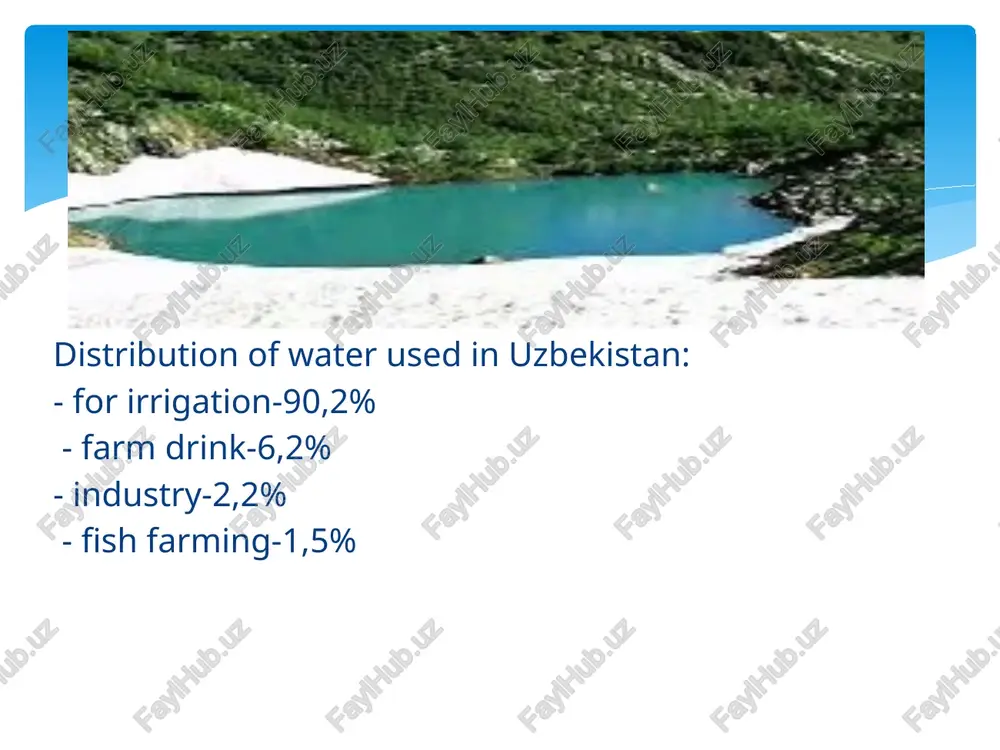 resources processing of water resources in industrial enterprises. formation of a culture of the correct use of water in young people. saving drinking water, not indifferent to flowing cranes. propagation of information about saving on the basis of religious values. ways to protect water resources. water neutralization this means that drinking water is made from microorganisms. for this purpose, physical and chemical neutralization methods have been developed. image2.jpeg image3.png image4.png image5.jpeg image6.jpeg image7.jpeg image8.jpeg image9.jpeg image10.jpeg image11.jpeg image12.jpeg image13.jpeg image14.jpeg image15.jpeg image16.jpeg re. (athe ae eaten moms payers mn ne — : so kosmik changlar ( shamol, dovul, quyun € yog‘in, > : eat ™~™ i | = suvlarimizni a i _-— “ham ifloslaydi a — : tone ag a o‘simlik va = — c vulgonlarning beis sa ge uchib yuruvchi ~~ se otilishi — % be nie bete =) aeroplanktonlar te [pan amen ames = pens trnm om ret …