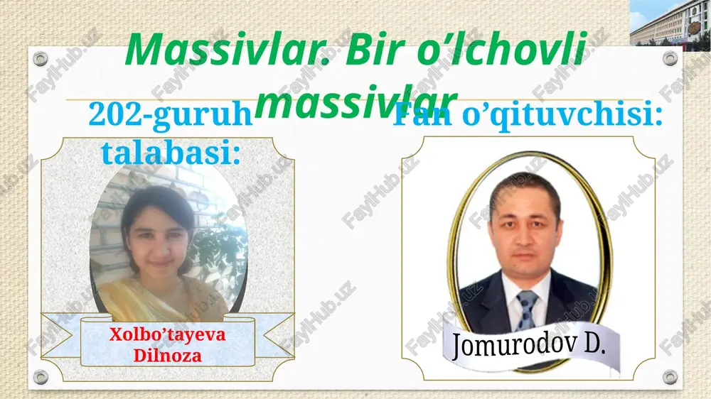 sisi: [ ] bu ko’rinishga xususiy o’zgaruvchi deyiladi, chunki uning qiymati massivning alohida elementidir. mundarijaga o’tish mundarijaga o’tish bitta avvalgi slaydga o’tish massivlar e’loni massiv indeksi sifatida butun son qo’llaniladi. umuman olganda indeks sifatida butun son qiymatini qabul qiluvchi ixtiyoriy ifoda ishlatilishi mumkin va uning qiymati massiv elementi nomerini aniqlaydi. ifoda sifatida o’zgaruvchi ham olinishi mumkinki, o’zgaruvchining qiymati o’zgarishi bilan murojaat qilinayotgan massiv elementini aniqlovchi indeks ham o’zgaradi. shunday qilib, dasturdagi bitta indeksli o’zgaruvchi orqali massivning barcha elementlarini belgilash (aniqlash) mumkin bo’ladi. masalan, reyting[i] o’zgaruvchisi orqali i-ozgaruvchining qiymatiga bog’liq ravishda reyting massivining ixtiyoriy elementiga murojaat qilish mumkin. haqiqy turdagi (float, double) qiymatlar to’plami cheksiz bo’lganligi sababli ular indeks sifatida ishlatilmaydi. davomi … mundarijaga o’tish massivlar e’loni c++ dasturlash tilida indeks doimo 0 dan boshlanadi va uning eng katta qiymati massiv e’lonidagi uzunlikdan bittaga kam bo’ladi. massiv e’loni quyidagicha bo’ladi: [ ]={boshlang’ich qiymatlar}; bu yerda - o’zgarmas ifoda. misollar: int m[6]={1,4,-5,2,10,3}; …