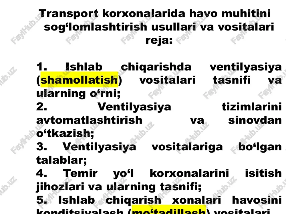 h usuli bo’yicha) tabiiy sun’iy (mexanik) aralash tashkil etilmagan tashkil etilgan ventilyatorli ejektorli 18.05.2022 19:33 vazifasiga ko’ra ishchi ventilyatsiya avariya sodir bo’lganda ishga tushadigan ventilyatsiya havoni almashtirish usuliga ko’ra umumiy mahalliy havoni kiritish va chiqarish usuliga ko’ra haydab kirituvchi so’ruvchi haydab kirituvchi-so’ruvchi 18.05.2022 19:33 18.05.2022 19:33 tabiiy ventilyatsiya xona va tashqi havoning harorat farqi yoki shamol ta'siri tufayli amalga oshiriladi. tashkil etilmagan ventilyatsiya: havo almashinuvi ichki havoni derazalar, eshiklar orqali tashqi sovuq havo bilan almashtirish hisobiga amalga oshiriladi. tashkil etilgan tabiiy ventilyatsiya shamollatgich va deflektorlar bilan ta'minlanadi. havoni haydovchi havoni so’ruvchi havoni so’ruvchi- haydovchi 18.05.2022 19:33 18.05.2022 19:33 so’ruvchi ventilyatsiya tizimining umumiy sxemasi ventilyatorlar markazdan qochma ventilyator o’q orqali so’ruvchi ventiyator 18.05.2022 19:33 18.05.2022 19:33 ventilyatorni ishlash printsipi mexanik ventilyatsiya tizimini ishlash printsipi 18.05.2022 19:33 mahalliy so‘rma - odatda texnologik jihozlarning tarkibiy qismi bo‘lib, mahalliy so‘rmalar tizimlarining havo quvurlariga zararli va portlashga xavfli bo‘lgan gazlar, changlar, aerozollar va bug‘larni paydo …