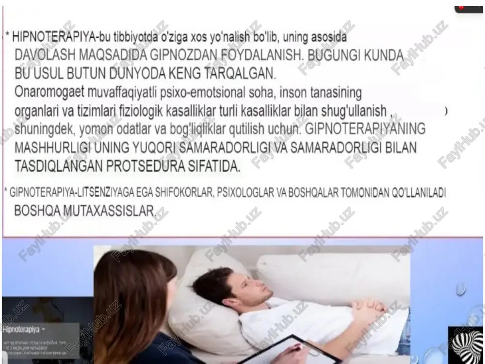 'lib, uning to'liq safarbarlik uchun potentsial tayyorlig! eng yuqori darajada. ayni paytda , insonning barcha his-tuyg'ulari kuchayadi, hislar kuchayadi, ong turli xil ma'lumotlami olish uchun mavjud bo'ladi va uni qayta ishlash gobiliyati kuchayadi. bu hipnoterapiyaasosida amalga oshiriladi. -* hipnoterapiyaning maqsadi inson ruhining yashirin qobiliyatlarini har qanday alomatlarni tez va og'riqsiz bartaraf etish uchun ishlatishdir3 yoki muammolar. jf. —_ * gipnoz-inson ongiga vaqtinchalik ta'sir, y natijada shaxsiy nazorat va o'2-o'zini anglash vazifalari o'zgaradi. boshga gatlamlar, inson turli xil usullardan foydalanib, gipnoz holatiga kiritiladi, odatda, bu yorugilik va tovush ta'siridir. * shu bilan birga, ong va umuman tananing ishi sekinlashadi gipnozning ta'siri-bu odam, ongsiz ravishda unga berilgan > buyruglarni bajaradi va uning xatti-harakatlarini o'zgartiradi ‘trans davlat va glpnoz deb ta'riflanadi- bu holatga kirishingiz mumkin bo'lgan jarayon sifatida. kasei gipnoz enkson gienez! gipnoz anig,gipnozchi to'gridan tog buyruglar beradi: “signing qotlaringiz ogilashadl. siz ‘slash xohlaysiz.. uxlash!” har bir narsa tably ravishda soar both, ‘odatdagidek …