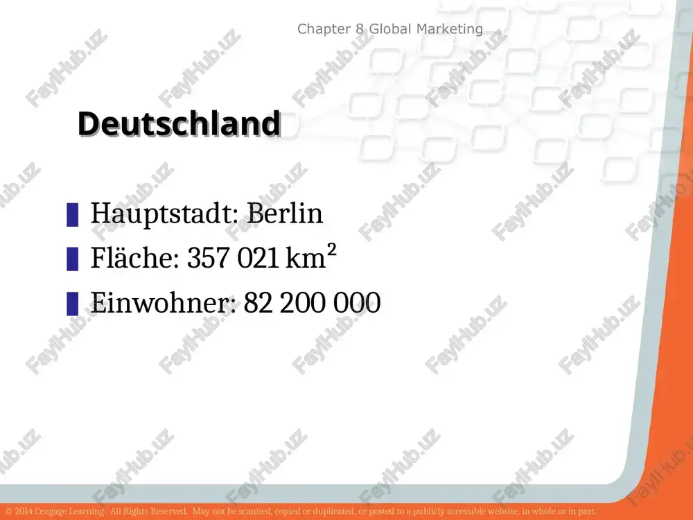 accessible website, in whole or in part. chapter 8 global marketing angela merkel – eine frau auf dem höhepunkt ihrer politischen karriere historische kategorien ist angela merkel inzwischen gewohnt. 2005 wird sie erste bundeskanzlerin in der geschichte der bundesrepublik deutschland. das sorgte jenseits der politischen couleur für aufmerksamkeit. acht jahre später erreicht sie, was vorher in deutschland nur die kanzler konrad adenauer und helmut kohl geschafft haben: zweimal wiedergewählt zu werden. schon sprechen kommentatoren von der „ära merkel“ und nennen sie die „mächtigste frau der welt“. das frühstück zum frühstück gehören weiβbrot oder brötchen mit butter und marmelade. das frühstück ist zwischen 6 und 8 uhr. das frühstücksgetränk ist kaffee, man trinkt auch milch oder tee. am morgen isst man keine warmen speisen und kein schwarzbrot. brei essen nur kinder und kranke. © 2014 cengage learning. all rights reserved. may not be scanned, copied or duplicated, or posted to a …