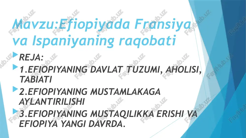 an. mil. boshlarida shimoliy efiopiya hududida aksum podsholigi mavjud boʻlgan. 5–6-asrlarda xristianlikning monofislik yoʻnalishi mamlakatdagi hukmron dinga aylandi. 7-asrda arablarning shimoliy va sharqiy afrikaga bostirib kirishi va arab xalifaligining paydo boʻlishi natijasida aksum podsholigi inqirozga uchradi. 13-asrdan bu hududda efiopiya podsholigi mavjud boʻlgan. 18-asr oxiri – 19-asr 1-yarmida oʻzaro urushlar natijasida bir qancha knyazliklarga boʻlinib ketdi. 19-asrning 50-yillari kuaralik kasa mamlakatni birlashtirishda muhim rol oʻynadi [1855-yiloʻzini teodros (fyodor) ii nomi bilan imperator deb eʼlon qilgan]. 1867-yil buyuk britaniya efiopiyaga qarshi urush boshladi. urushda efiopiya armiyasi yengildi (1868), lekin ingizlar xalq ommasining qattiq qarshiligiga uchrab, mamlakatdan chiqib ketishga majbur boʻldi. 19-asrning 70–80-yillari efiopiya misr va sudan bilan urush olib bordi. urushlar natijasida efiopiyaning kuchsizlanganidan foydalangan italiya 1882-yil assab, 1885-yil massaua portlarini bosib oldi. 1889-yilgi bitim boʻyicha efiopiya italiya protektoratiga aylandi. 1890-yil boshida italiya qizil dengiz boʻylaridagi oʻzi egallagan yerlarni eritreya mustamlakasiga birlashtirdi. 1895-yil italyan qoʻshinlari efiopiyaga yana hujum qildilar 1896-yili martdagi …