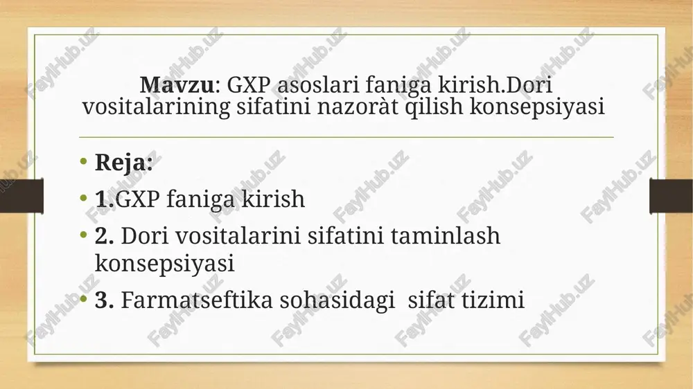 disidan iborat. mahsulotning hayot siklini to‗la ifodalashi, ya‘ni uning sifati, yaratilishi, ishlab chiqarilishi, ishlab chiqarish loyihalarini tuzish, sifat nazorati va sotilishi kabi barcha bosqichlarda teng ta‘minlashi zarur. mazkur tizim sifatni erkin nazorat qilishni ta‘minlaydi va tartibga solib turadi. sifatni ta‘minlash konsepsiyasining asosiy mazmuni - sifat mahsulot tayyor bo‗lgan xolida emas balki uning yaratilishi jarayonining barcha bosqichlarida to‗la ta‘minlanishi kerak. sifatni ta‘minlash konsepsiyasining omillari farmatsevtik sifat tizimining konsepsiyasi, tashkil etilishi va hujjatlashtirilishi tushunarli va ishlatishga qulay, shuningdek konsepsiya elementlari mahsulotning har bir hayotiy bosqichlari uchun mos bo‗lishi kerak. ―sifatni ta‘minlash‖ tushunchasi ―sifatni nazorat qilish‖dan farq etadi: sifatni nazorat qilishda oxirgi natijada mahsulotning sifatli qismi sifatsizdan ajratiladi. sifatni ta‘minlash mahsulot sifatini yaxshilash chora-tadbirlarini amalga oshirishdan iboratdir farmatsevtika sohasida sifat tizimining rivojlanishi uch bosqichdan iborat: sifat nazorati, sifatni ta’minlash va sifat menedjementi (boshqarish). sifat tizimi (aqsh) bu mahsulot va xizmatlarni iste‘molchilar talabini qondirishda sifatliligini ta‘minlaydigan resurslar, jarayonlarni tashkillashtiradigan boshqaruvni aniqlaydigan, shakllangan biznes amaliyotidir …