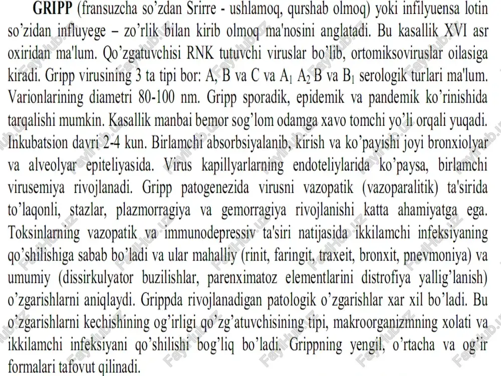 an sari sitioplazmada bazofil kiritmalar hosil bo’ladi. bir vaqtda shilliq qavatlarini shikasilanishi aniqlanadi. epitelial xujayralarda distrofiya o’zgarishlar rivojlanadi, ular orasidagi bog’lanishlar buziladi va keyinchalik qisman ko’chishi kuzatiladi. shu o’zgarishlar bilan birga viruslar to’plangan joyda o’tmaydi. ultra tuzilmalarni distruks kuzatiladi. sitoplazmada keyinchalik fuksinofil tanachalari paydo bo’ladi. nafas yo’lining shilliq qavati ostida o’rtacha ish, to’la qonlik va asosan limfoidli infiltratlar aniqlanadi. kasallikning bu bosqichida nafas yo’ llarida ko’chib tushgan epitelial xujayralar, yana ozroq makrofaglar, neytrofil leykotsitlar, ozroq seroz suyuqlik va shilimshiq bo’ladi. o’pkaning respirator bo’limlarida gon aylanishning buzilishi o’tkir to’laqonlik, mayda qon quyilishlar va ba'zi alveolalarda seroz suyuqlik to’planadi. ko’krak va erta yoshdagi bolalarda o’pkada yallig’lanish o’chog’i aniqlanadi. ekssudat, asosan makrofag neytrofil leykotsit va eritrotsit aralashmasidan tashkil topgan bo’ladi. a, grippda (gonkong) alveolyar epiteliyning yaxshi ifodalangan gipertrofiyasi na- tijasida juda yirik bitta yadroli xujayra hosil bo’ladi. kasallikning erta bosqichlarida bunday xujayralarda grippning antigeni aniqlanadi. og’ir grippda yaxshi ifodalangan umumiy intoksikatsiya birinchi o’ringa …