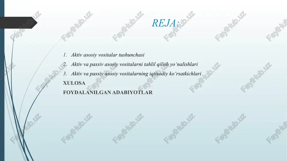bo‘lgan vositalardir. ular ishlab chiqarish uchun zarur sharoit yaratadi. passiv asosiy vositalarga quyidagilar kiradi: binolar va inshootlar; o‘tkazgich tarmoqlar (elektr, suv, gaz); omborxonalar; ofis jihozlari; xizmat ko‘rsatuvchi infratuzilma (yo‘llar, kanalizatsiya va boshqalar). tahlil jihatidan, passiv vositalar korxonaning moddiy bazasini mustahkamlaydi, lekin ishlab chiqarish hajmiga to‘g‘ridan-to‘g‘ri ta’sir ko‘rsatmaydi. shu sababli, ular samarali joylashtirilishi va me’yorda saqlanishi iqtisodiy jihatdan muhimdir. aktiv va passiv asosiy vositalarni tahlil qilish yo‘nalishlari tahlil jarayonida quyidagi ko‘rsatkichlar o‘rganiladi: asosiy vositalarning umumiy tarkibi va tuzilmasi aktiv va passiv vositalarning umumiy qiymatdagi ulushi aniqlanadi. optimal nisbat: aktiv vositalar 60–70%, passiv vositalar 30–40% bo‘lishi maqsadga muvofiq. ularning eskirish darajasi aktiv vositalarning tezroq eskirishi tabiiy hol, lekin o‘z vaqtida yangilanish muhim. passiv vositalar uzoq muddat xizmat qiladi, lekin texnik holatini saqlash zarur. foydalanish samaradorligi (fond qaytimi) aktiv vositalar uchun: fq=mahsulot hajmiasosiy vositalarning o‘rtacha yillik qiymatif_{q} = \frac{mahsulot\ hajmi}{asosiy\ vositalarning\ o‘rtacha\ yillik\ qiymati}fq​=asosiy vositalarning o‘rtacha yillik qiymatimahsulot hajmi​ bu ko‘rsatkich qancha yuqori …