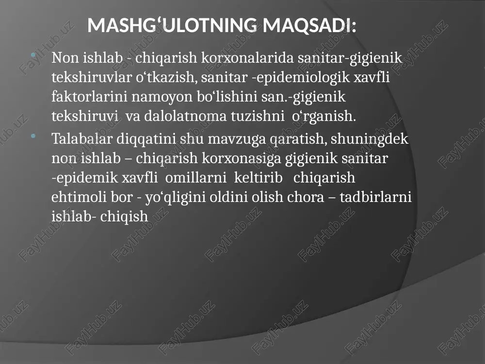 xamir tayyorlash xonasi, maxsulotlar saqlanadigan xonada maxsulotlar alohida saqlanishi, saqlash muddati va sharoitlari muxlatidan oshmasligi kerak. non va non mahsulotlari. . non ishlab - chiqarish jarayoni murakkab jarayon bo‘lib, sanitar – gigienik talablarga javob berish kerak. non ishlab - chiqarish korxonalari tarkibida qo‘ydagi ishlab - chiqarish xonalari bor: 1 . omborxonalar un, tuz, yordamchi xom-ashyo omborlari, yog‘, tuxum, shakar. 2. elash bo‘limlari bu erda un zapaslari bo‘lib, bu un xamir qorish uchun ishlatiladi . un elanadi. bu erda un elanadi va magnit tutgich yordamida metall qismlardan xoli qilinadi. 3. xamir qorish bo‘limi, bij g‘itish kamerasi bilan alohida bo‘lib, bu kamerada achitqi ishlab - chiqariladi. xamir turish uchun kamera xam shu bo‘limga joylashgan. 4. xamir bo‘limi ya’ni zuvola yasash bo‘limi 2 lamchi xamir oshirish kamerasi bilan. 5. yopish zali. 6. non saqlash va epeneditsiya. 7. administrativ xonalar. non ishlab - chiqarish korxonalarida eng avvalo un sifati va unning saqlash sharoitlari ustidan …