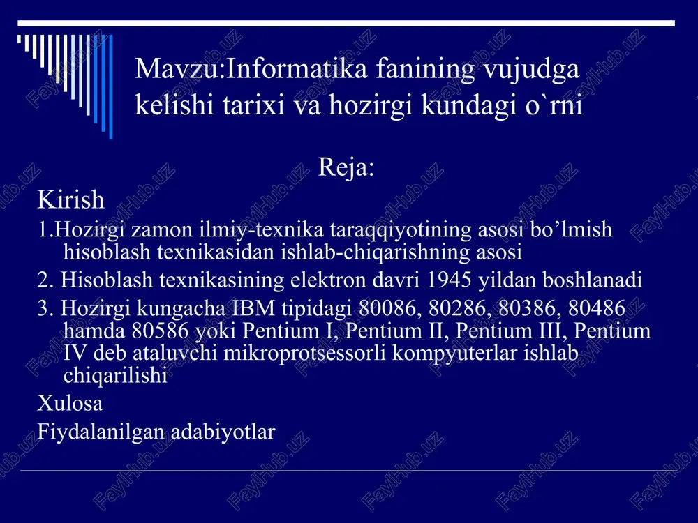 1971 yili intel firmasi tomonidan birinchi 4004 integral mikrosxema ya’ni mikroprotsessor yaratilgan. bu mikroprotsessor mikrokalkulyatorlarda ishlatishga muljallangan edi. intel firmasining 8080 mikroprotsessoriga asoslangan birinchi kompyuter altair-8800 nomi bilan mits fir­masi tomonidan ishlab chiqarildi. bu kompyuterlarning xotira hajmi va ish bajarish koeffitsienti chegaralangan edi. shunga qaramasdan bu kompyuter boshqa keng imkoniyatli kompyuterlarning yaratilishiga asos bo’lib qoldi. 1981 yili ibm firmasi tomonidan katta ehmlardan qolishmaydigan darajadagi 16 razryadli mukammal kompyuter yaratildi. ibm pc apparaturasi va dastur mahsulotlari loyihalari e’lon qilingandan so’ng kompyuterlarni takomillashtirish ustida izlanishlar kengaydi. bu esa o’z navbatida ibm firmasining mashhurligini oshirib yubordi. 1984 yili ibm firmasi intel firmasining 80286 mikroprotsessori bazasida yangi kompyuter yaratdi. dastur mahsulotining asosiy qismini microsoft firmasi ishlab chiqarmoqda. keyingi yillarda ibm tipidagi kompyuterlar­ning ko’pchiligi tayvan, singapur va janubiy koreya mamlakatlarida ishlab chiqarilmoqda. eng qimmatbaho va sifatli kompyuterlar aqsh va evropa mamlakatlarida yig’ilmoqda, lekin ularning ham ehtiyot qismlari osiyo mamlakatlarida tayyorlanmoqda. birinchi avlod – ehmlarning elementlar …
