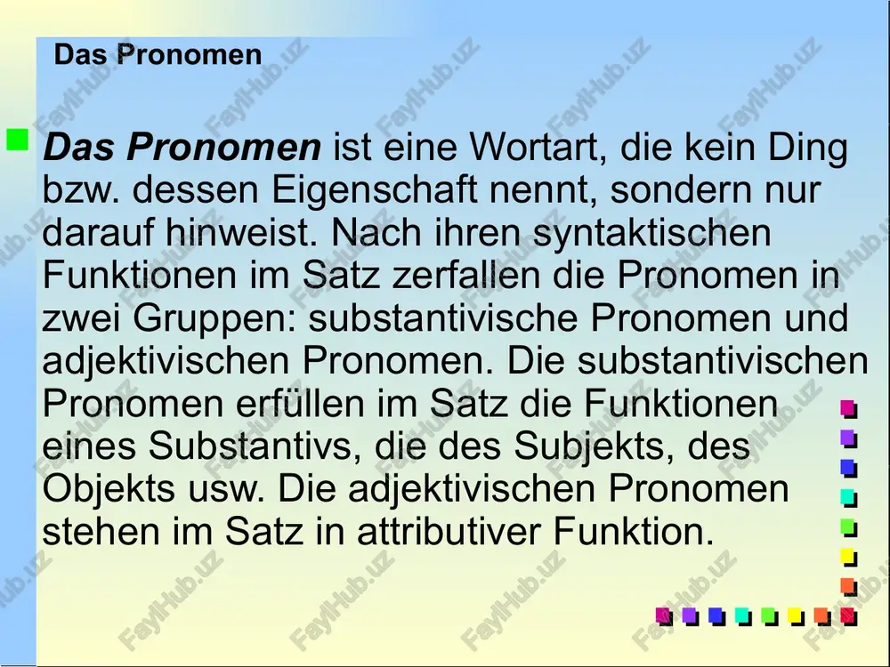 bei verben, die eine reziproke bedeutung haben können, d.h. eine handlung bezeichnen die mindestens zwei handelnde personen voraussetzt: sich küssen, sich schlagen, sich zanken, sich anblicken. mit präpositionen bildet das reziprokpronomen zusammensetzungen: voneinander, miteinander, zueinander u. a. das unpersönliche pronomen das unpersönliche pronomen es erfüllt im satz die funktion des subjekts oder des direkten objekts. z.b: es war schwül wie seit tagen, es wetterleuchtete manchmal und regnete etwas. das unpersönliche pronomen es wird gebraucht: als subjekt mit unpersönlichen verben, die naturerscheinungen bezeichnen: z.b: die luft ist kühl und es dunkelt. als subjekt in unpersönlichen sätzen, in denen naturerscheinungen als ruhezustand bzw. als übergang zu einem solchen geschildert werden: z. b: es war noch sehr früh, als ich das haus verließ. als subjekt in sätzen mit stehenden wendungen: es gibt, es steht, es geht, es handelt sich, es fehlt als objekt in sätzen mit stehenden wendungen: es (gut, schön) haben, es …