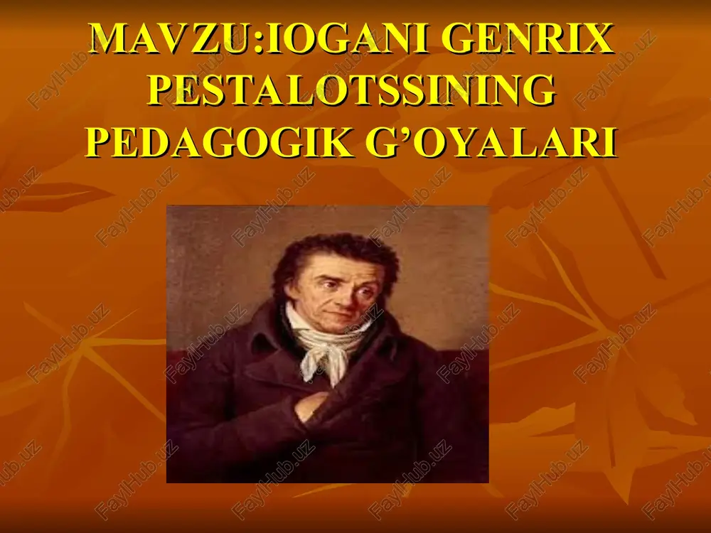 biyaning mohiyati to’g’risidagi tasavvuriga asoslanib, tarbiyaning yangi metodlarini - insonning kuchini, inson tabiati bilan muvofiqlashtirib, o’stirishga yordam beradigan metodlarni yaratishga intiladi. bolani tarbiyalashni - deydi u uning tug’ilgan kunidanoq boshlash lozim. “bola tug’ilgan soat-unga ta’lim berishning birinchi soatidir". shu sababli chinakam pedagogika onani tug’ri tarbiyalash metodlari bilan qurollantirish kerak. pedagogika san’ati esa shu metodikani har bir ona jumladan oddiy dehqon ayol ham egallab oladigan qilib, soddalashtirib berish lozim. oilada tabiatga muvofiq qilib boshlangan tarbiya maktabda ham davom etirilishi lozim. barcha ijtimoiy kuchlar va imkoniyatlar eng oddiy narsalardan rivojlana boshlaydi va sekin asta murakkabroq darajaga ko’tarila boradi. tarbiya ham ana shu yo’ldan borishi lozim. har bir bolaga xos bo’lgan tug’ma kuch va qobiliyatlar kurtaklarini tabiiy tartibga muvofiq odam kamolotining adabiy va o’zgarmas qonunlariga muvofiq xolda muntazamlik bilan mashq qildirib, o’stirish kerak. . pestalotsi pestalotssi o’zining umumiy didaktik qoidalariga tayanib turib, boshlang’ich ta’limning xususiy metodikasi asosini yaratib berdi. pestalotssi ona tili o’qitishning …