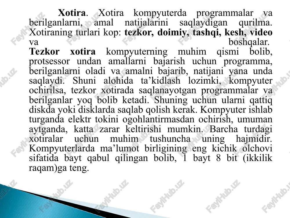 idan u televizorga oxshab ketsada, ular bajaradigan ishlari bilan keskin farq qiladilar. monitorlar rangli va rangsiz boladi. kompyuter tarqatadigan nur umuman aytganda zararli, shuning uchun ham ba’zi kompyuterlarda past radiatsiya (lowe radiation) sozlarini uchratish mumkin. lekin ularning inson organizmiga ta’siri tobora kamayib boradigan rusumlari yaratilmoqda. buning misoli keyingi yillarda chiqarilgan 17-21 dyymli svga (super video grafic adapter-katta video grafik adapter) monitorlarda nurlarning ta’sirini ancha kamaytirilishiga erishilganligini keltirish mumkin. monitor asosiy xarakteristikalaridan biri uning tasvirlash qobiliyatidir. tasvirlash qobiliyati ekranning gorizontali va vertikalidagi nuqtalar soni bilan beriladi. masalan 14 dyymli monitorda tasvirlash qobiliyati 800600, 15 dyymli monitorda 1024768, 17 dyymli monitorda 12801024 va 21 dyymli monitorda esa 16001200. bundan tashqari, monitorning yana bir xarakteristikasi tasvirlarni hosil qiluvchi piksellar (nuqtalar) olchovining katta-kichikligidir. tasvirlash qobiliyati 800600 ga teng bolgan monitorlarda piksel 0,31mm ga, 1024x768ga teng bolgan monitorlarda esa piksel 0,28 yoki 0,25ga teng bolishi kerak. monitorning tez ishlashi uning adapteriga bogliq boladi. matn rejimida …