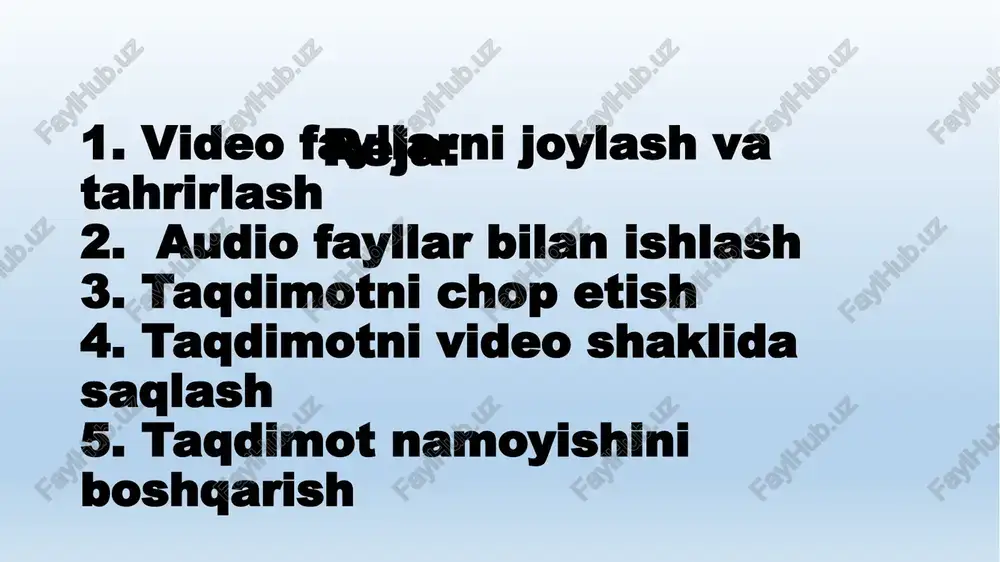 vush) yordamida joylashtiriladi. agar tovush faylining hajmi juda katta bo’lsa, uni xuddi video fayldagi kabi tahrirlash mumkin, ya’ni kerak qismini qirqib olish mumkin. 2. audio fayllar bilan ishlash shuningdek, tovush faylini o’rnatilgan slaydidan boshlab taqdimot tugagunicha fon tovushi shaklida ijro etiladigan qilib sozlab qo’yish mumkin. aslida bu kabi fayllar navbatdagi slaydga o’tgach ijro etishdan to’xtaydi. slaydga tovush o’rnatish va uni birma-bir tahrirlash ketma-ketligi: -tovushni o’rnatiladigan slaydga o’ting. -vstavka vkladkasidagi multimedia panelidan zvukni tanlang. -ochilgan vstavka zvuka muloqot oynasidan video tovush faylini tanlang va vstavitni bosing. -rabota s zvuk nomli panelning format bo’limidagi vosproizvedenie qismida joylashgan montaj zvukani tanlang. -quyida ko’rsatilgani kabi tovushning boshlanish (yashil) va tugatish (qizil) markerlarini surish orqali uning kerakli qismini qirqib oling. vosproizvedenie tugmasini bosib ijro ettirib ko’ring. agar zarurat tug’ilsa, shu ishni boshqatdan bajaring. ok tugmasini bosib sozlamalarni saqlab qo’ying. vosproizvedeniedagi parametri zvuka panelidan foydalanib, tovushni boshanishi va tugashi uchun parametrlarni sozlashingiz mumkin. 3. taqdimotni chop …