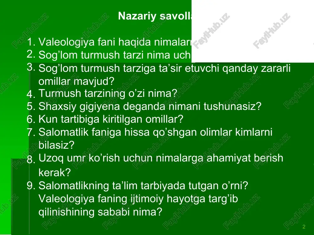 tubdan farq qiladi. valeologiya – inson salomatligi, uni mustaxkamlash yo’llari, aniq sharoitlarda inson xayotiy faoliyatini shakllantirish va saqlash haqidagi bilimlarning fanlararo yo’nalishidir. 7 sog’lom turmush tarzi – bu insonning hayoti va salomatligini ta’minlashda xizmat qiluvchi xayotiy faoliyatini yo’lga qo’yish va salomatlikni yuqori darajada bo’lishni ta’minlovchi ijtimoiy xodisadir. 8 sog’lom turmush tarzida faol harakatlar: • • • • • • • jismoniy tarbiya, chiniqish, sport bilan shug’ullanish kun tartibini oqilona rejalashtirish to’g’ri va sifatli ovqatlanish shaxsiy va umumiy gigiena talablariga rioya qilish atrof- muhitni muhofaza qilish yuqumli kasalliklarni oldini olish to’g’ri jinsiy tarbiya olish. “badantarbiya – sog’liqni saqlashda ulug’vor usuldir”. abu ali ibn sino badantarbiya, ochiq havoda sayr qilish, sport o’yinlari kabi chiniqtiruvchi mashg’ulotlar bilan shug’ullanish – uzoq umr va salomatlikni ta’minlovchi omillardandir. 10 salomatlikka ta’sir qiluvchi zararli odatlar alkogolni me’yordan ortiq iste’mol qilish noto’g’ri ovqatlanish stress atrof- muhitning ko’p tamaki o’tirish chekish iflosligi 11 insonning uzoq umr ko’rishining asosi jismoniy …