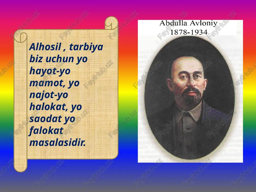 ydulla xo`jayev "shuhrat" "buxoroyi sharif" "sadoyi turkiston" 1907—08 yillar 1912 yil shoir bolalar uchun yozgan she`rlarida ularning fikr doirasini kengaytirishga, ularda maktab va kitobga, mehnatga, tabiatga, vatanga muhabbat uyg`otishni maqsad qilib qo`ygan. “birinchi muallim”, “ikkinchi muallim” “maktab gulistoni” abdulla avloniyning pedagogikaga oid asarlari ichida «turkiy guliston yoxud axloq» asari xx asr boshlaridagi pedagogik fikrlar taraqqiyotini o’rganish sohasida katta ahamiyatga molikdir. «turkiy guliston yoxud axloq» asari axloqiy va ta’limiy tarbiyaviy asardir. asarda insonlarni «yaxshilikka chaqiruvchi, yomonlardan qaytaruvchi, bir ilm-axloq haqida» fikr yuritiladi. shu jihatlardan qaraganda bu asar yusuf xos hojibning «qutadg’u bilig», nosir xisravning «saodatnoma», sa’diyning «guliston» va «bo’ston», jomiyning «bahoriston», navoiyning «mahbub ul-qulub», ahmad donishning «farzandlarga vasiyat» asarlari shaklidagi o’ziga xos tarbiyaviy asardir. avloniy she`riyatida milliy-ozodlik taronalari ma`rifatparvarlik g`oyalari bilan uyg`un holda yashaydi. masalan, “millat haykaliga shitob” she`rida: desa, “maktab” she`rida: deya ma`rifatning inson hayotidagi o`rnini ko`rsatadi. tur, ey millat, uyqudan hasratlashayluk, ilm uyiga kirmoqg`a suhbatlashayluk,- maktab misni tillo qilur, …