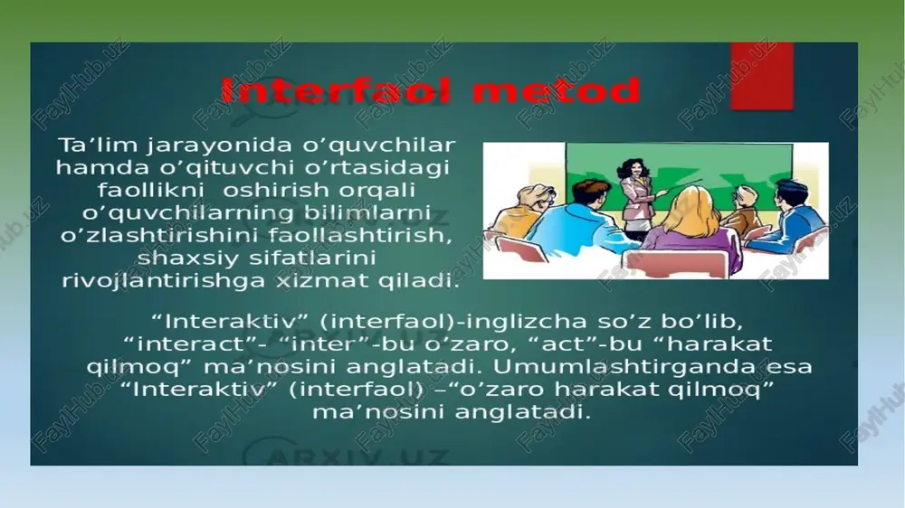 daftarga yozib olishadi. keyin hamma 0’z fikrini bayon etadi. g’oyalarni yozish uchun bir kishini ajratish kifoya qiladi. bu metod guruhni birlashtirib, yakdil qiladi. interfaol metod texnologiyasining mohiyati o’quvchil munozara sharoitini tug’dirishdan iboratdir. bu metodikag: 1.chaqiriq bosqichi. bu bosqichda o’quvchilarni faoll anglab yetish jarayoniga tayyorlash nazarda tutiladi. 2. fikriy hujum. bu usul darsning boshlanishida yoki muammo o’quvchilarga fikriy hujum yo’li bilan beriladi va ul 3. anglash bosqichi. mavzuga oid xulosaviy fikrlar es to’ldiriladi. 4. fikrlash bosqichi. mavzu yuzasidan o’zlashtirilgan bayon qilish topshiriladi. bu topshiriqni bajarish uchun sin fikrini yozadi va har bir guruh vakili bajarilgan topshiriqni guruhlar bilan ishlash faqat fikrlash bosqichida emas, as! bil fg boshqalarga ma’lum qila: al arning ijodkorligiga tayanish va darsda erkin bahs- a ko’ra darslar bir necha osqichga bo’ linadi: htirish, mavzuning mazmun-mohiyatiga kirib borish, uni istalgan o’rnida qo’llanilishi mumkin. bu bosqichda arning fikrlari orqali olinadi. ‘itiladi va o’qituvchi tomonidan yangi fikrlar bilan im va tushunchalarni …
