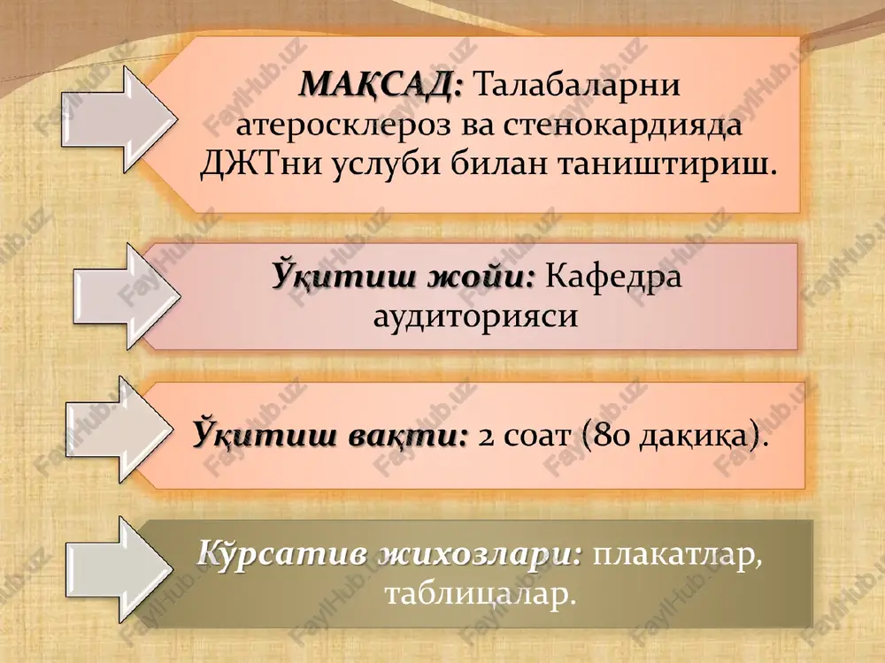 nafas chiqarish. nafas olish bir maromda. d.h.-avvalgi. qo'llarni tepaga ko'tarib-nafas olish; oldinga tanani egib-nafas chiqarish (5-7 marta). d.h.-turib, qo'llar ko'krak oldida. qo'llarni yonga yuborib-nafas olish; d.h.ga qaytib-nafas chiqarish (4-6 marta). d.h.-o'tirg'ich oldida turib. o'tirib-nafas chiqarish; turib- nafas olish (5-7 marta). d.h.-o'tirib. o'ng oyoqni egib-chapak chalish. d.h.ga qaytib. shuni chap oyoq bilan (3-5 marta d.h.-o'tirg'ichda o'tirib. o'tirg'ich oldida cho'kkalash; d.h.ga qaytish. nafasni to'htatmasdan (5-7 marta). d.h.-avvalgi. oyoqlar to'g'ri holatda, qo'llar oldinda. tizzalarda oyoqlarni egib, qo'llar belda; d.h.ga qaytish (4-6 marta). d.h.-turib, o'ng oyoqni orqaga yuborib, qo'llar tepaga-nafas olish. shuni chap oyoq va qo'llar bilan bajarish (4-6 marta). d.h.-turib, qo'llar belda. chap va o'ngga egilish (3-5 marta). d.h.-turib, qo'llar ko'krak oldida. qo'llarni yonga yuborish-nafas olish. d.h.ga qaytib-nafas chiqarish (4-6 marta). d.h.- turib. o'ng oyoq va qo'lni oldinga yuborish. shuni chap oyoq bilan bajarish (3-5 marta). d.h.-turib, qo'llar tepada. cho'kkalash. d.h.ga qaytish (5-7 marta). d.h.-avvalgi, qo'llar tepada “qulf” holatida. tanani aylantirish. nafasni to'htatmasdan …