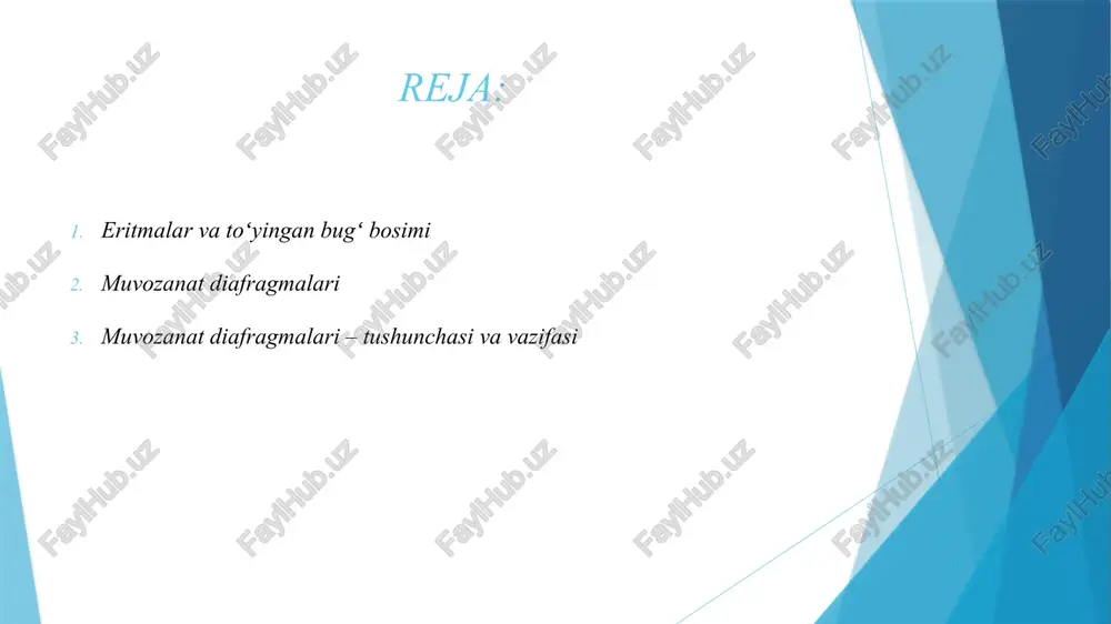 agmalari – tushunchasi va vazifasi muvozanat diafragmasi – bu suyuqlik va bug‘ fazasi orasida fizik va kimyoviy almashinishni tartibga soluvchi membrana. asosiy xususiyatlar: membrana faqat bug‘ molekulalarini o‘tkazadi, suyuqlikni o‘tkazmaydi. har bir membrana qatlamida suyuq va bug‘ fazasi o‘zaro termodinamik muvozanatda bo‘ladi. sanoatda ularni ishlatish orqali: distillatsiyani samarali qilish bug‘ bosimi va haroratni nazorat qilish suyuqlik tarkibini bosqichma-bosqich ajratish turlari: porli diafragmalar: bug‘ mikroporlar orqali o'tadi. non-porli (selektiv) membranalar: faqat ma’lum moddalarni tanlab o‘tkazadi, masalan, suvni bug‘ sifatida ajratish. kombinatsiyalangan diafragmalar: porli va kimyoviy faol qatlamlarni birlashtiradi. termodinamik asos har bir qatlamda toʻyingan bugʻ bosimi va suyuq tarkibi orasida muvozanat o‘rnatiladi. bu jarayon fick qonuni (difuziya qonuni) va raoult qonuni bilan birga ishlaydi. agar bug‘ fazasi olib tashlansa, suyuqlik tarkibi o‘zgaradi va yangi muvozanat shakllanadi. sanoat va laboratoriyada qo‘llanilishi distillatsiya: etil spirti ishlab chiqarishda, suv-spirt eritmalarini ajratishda. muvozanat diafragmasi bosim va haroratni nazorat qiladi. membrana texnologiyalari: suyuqliklarni tozalash va konsentratsiya …