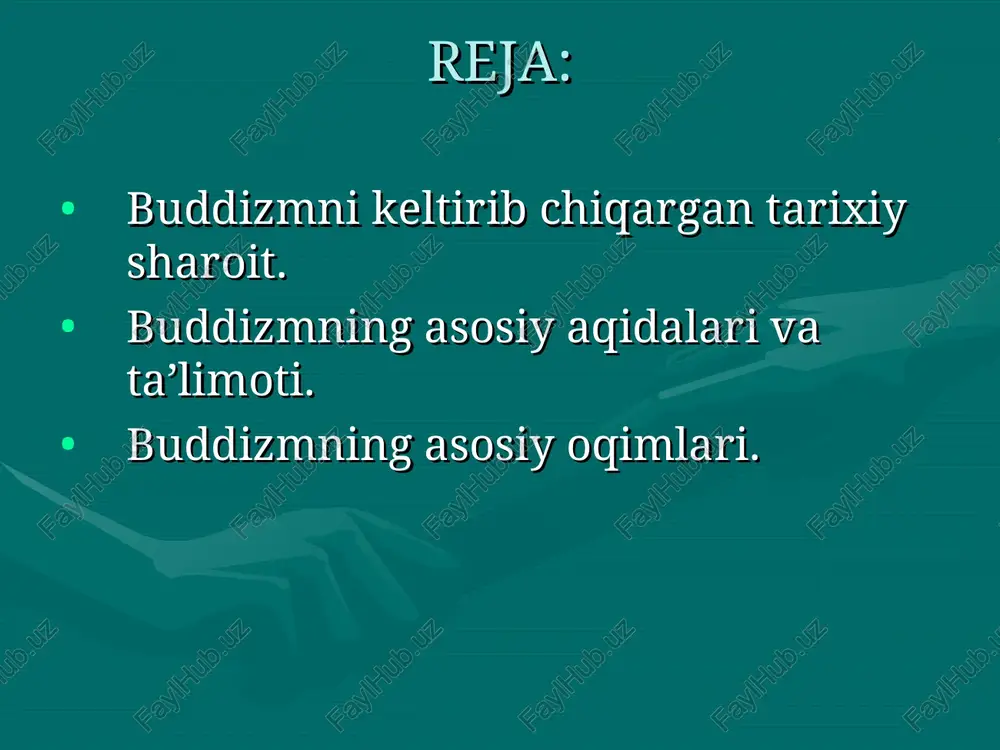 utra». buddizm ta’limoti. buddizm qadimiy hind diniy-falsafiy ta’limotlari asosida vujudga kelgan, o’ziga xos nazariyot va amaliyotdan iborat bo’lgan diniy tizimdir. budda yangi diniy qonun-qoidalar, rasm-rusumlar ishlab chiqmagan, balki har bir inson tug’ilish va o’lim mashaqqatlaridan qutilishi uchun amal qilishi lozim bo’lgan bir necha ko’rsatmalarni ishlab chiqdi, xolos. uning ta’limoti insonning xayolida, ishlarida va o’zini tutishida samimiy oliyjanoblik g’oyasini ilgari suradi. u vedalardagi gunohsizlik ta’limotini inkor qildi, hayvonlarni vahshiyona qurbon qilishni qoraladi, varna (kasta) tizimini va undagi ruhoniylarning boshqalardan ustunligini inkor qildi. 1. axloq normalari – «pancha shila» (buddaning besh nasihati):qotillikdan saqlanish; o’g’rilikdan saqlanish; gumrohlikdan saqlanish; yolg’on, qalbaki narsalardan saqlanish; mast qiluvchi narsalardan saqlanish. meditatsiya. to’g’ri tushunish (to’g’ri e’tiqod qilish) – buddaning birinchi da’vatida so’z yuritilgan to’rt haqiqatni bilish va unga ishonish; to’g’ri niyat qilish – dunyoviy lazzat-halovatlardan xalos bo’lishga, keraksiz fikrlar va boshqalarga zarar yetkazib qo’yishdan saqlanishga intilish; o’zini to’g’ri tutish – o’ziniki bo’lmagan narsaga ko’z olaytirmaslik, ortiqcha hissiyotga berilmaslik; …