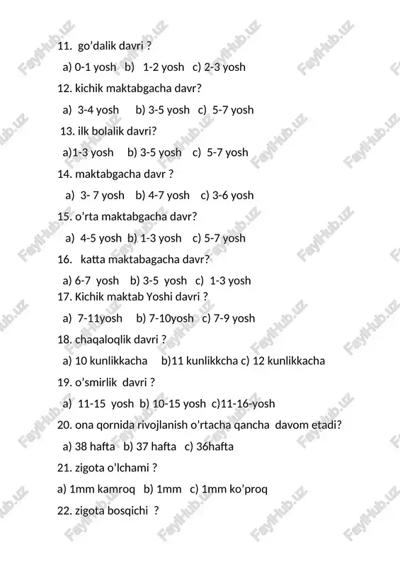 lik b) 3 oylik c) 4 oylikk 28. 3-7 yoshli bolalarning asosiy faoliyati nechta a) 6 ta b) 5 ta c) 4 29. maktabgacha yoshdagi bolalarni oyinlarini nechta guruhga bo’linadi a) 3 b) 4 c)5 30. predmetli o’yinlar qancha o’ynaladi a) 15-20minut b) 10-15 minut c) 20-25 minut 31. syujetli –ro’lli o’yinlar qancha davom etadi? a)30-60 minut b) 30- 50 minut c) 30-40 minut 32. qoidali o’yinlar qancha davom etadi ? a) 1 soatdan 2 kungacha b) 1soatdan 1kungacha c) 1soatdan 0.5 kungacha 33. 6 yoshli bolalarning og’irligi oyiga qanchadan ortib boradi? a) 150-200 b) 200- 250 c) 200-300 34. nechi yoshda bola fanlarni o’rganishga biologik va psixologik tayyor bo’ladi? a) 7 b) 6 c)8 35. kichik maktab yoshidagi bolalarning asosiy faoliyati nima hisoblanadi a) o’qish b) o’yin c ) oyin va o’qish 36. yosh va pedagogic psixologiya fan sifatida nechanchi asr yarmida tarkib topadi? a) 19 b) 20 c)1 …