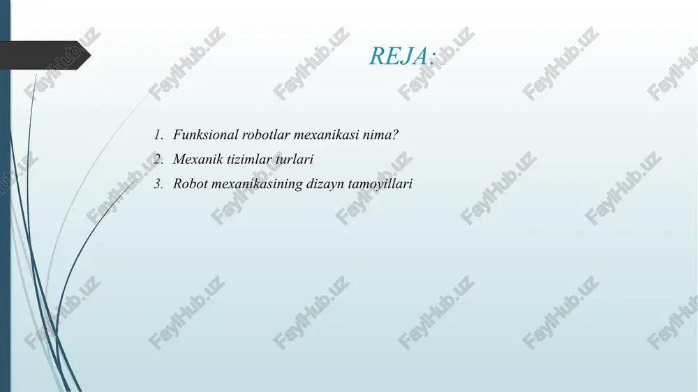 igi: robotning ishlashi kam energiya bilan amalga oshishi muhim. mexanik qismlar va ularning funksiyasi funksional robotlar mexanikasida quyidagi asosiy elementlar mavjud: bo‘g‘imlar (joints) burilish bo‘g‘imlari (rotational joint) – qo‘l va oyoqlarni aylantiradi. siljish bo‘g‘imlari (prismatic joint) – uzilish va cho‘zilish imkonini beradi. kombinatsion bo‘g‘imlar – murakkab trayektoriyalarni yaratadi. ramkalar va struktura metall yoki kompozit materiallardan quriladi. vazifa: robotning shaklini ushlab turish, kuch va yukni taqsimlash. harakatlantiruvchi tizimlar elektr motorlar: kichik robotlar va aniqlik vazifalari. gidravlika: og‘ir yuk ko‘taruvchi robotlar uchun. pnevmatika: tezkor harakat va engil yuklar uchun. sensorlar va aktuatorlar harakatni boshqarish uchun kerak: pozitsiya, tezlik, kuch, teginish sensorlari. aktuatorlar: mexanik harakatni amalga oshiradi, masalan, qo‘lni tortish yoki burish. robotlar mexanikasida muhim tushunchalar kinematika: robot qismlarining harakat trayektoriyasini hisoblash. dinamikani nazorat qilish: robot harakati paytida kuch va tortishishlarni boshqarish. barqarorlik: robotning qulashini oldini olish, ayniqsa, mobil robotlarda. takroriylik va aniqlik: har doim bir xil trayektoriya bo‘ylab harakat qilish. xulosa xulosa …