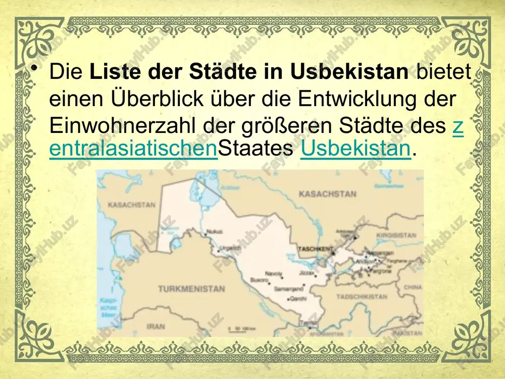 jizzax war früher ein bedeutender knotenpunkt der seidenstraße auf der route samarkand–ferghanatal. die stadt liegt im randbereich dergolodnajasteppe und nahe dem strategisch wichtigen jilanutipass, der den zugang zum serafschantal ermöglicht. heute ist jizzax eine verhältnismäßig moderne stadt mit zwei universitäten. uchquduq uchquduq (usbekisch für „drei brunnen“; kyrillisch uchquduq; russisch uchkudukutschkuduk; auch uchkuduk) ist eine stadt in der usbekischen provinz navoiy, gelegen im zentrum der wüste kysylkum, 270 km nordwestlich von navoiy auf etwa 200 m seehöhe. gemäß der bevölkerungszählung 1989 hatte uchquduq damals 24.000 einwohner, einer berechnung für 2009 zufolge beträgt die einwohnerzahl 35.361.[1] uchquduq ist eine kreisfreie stadt und zudem der hauptort des gleichnamigen distriktes uchquduq. fergana einmal, als er in dem sowjet fergana-tal war die perle zentralasiens. allerdings hat diese metapher eine längere geschichte als die sowjetunion und ost-poesie kenner wissen, dass solche vergleiche von grund auf nicht stellt. seitdem hat sich viel wasser in den flüssen flossen …