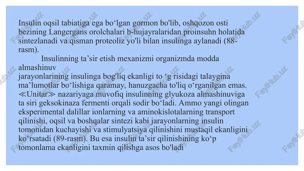 in-retseptor kompleksining genom orqali ta sir etishini qayd etish lozim. insulin ta’sirining amalga oshishida, binobarin, uning gormonal ta’sirining o‘tkazilishida natriy, kaliyga bog liq atfaza ham muhim rol o ‘ynaydi (uning faolligini ham insulin boshqaradi) natijada umumiy substrat atf uchun atf-aza bilan adenilatsiklaza o rtasida raqobatlashuv hamda hujayrada samf konsentratsiyasini idora etuvchi qo‘shimcha kanal vujudga keladi. bundan tashqari, samf miqdori fosfodiesteraza tomonidan ham nazorat qilinadi, uning faolligini ham insulin belgilaydi. glyukagon peptid gormon b o 'lib , bitta peptid zanjiri, 29 aminokislota qoldig‘idan iborat boiib, me’da osti bezida, langergans orolchalarining a-hujayralarida sintezlanadi. glyukagonning qondagi miqdori 100 ng/g (3 * 10'4mol/l atrofida); uglevodsiz ovqat yeyilgandan keyin va ochlik paytida glyukagon konsentratsiyasi 1,5-2 baravar ko‘payib qoladi. glyukagon glikogen bilan yogiaming safarbar etilishini jonlantiradi, shu jihatidan u adrenalin bilan noradrenalinga o ‘xshab ketadi. glyukagon xuddi adrenalin singari hujayra ichidagi idora etish mexanizmlariga adenilatsiklaza sistemasi orqali ta’sir o'tkazadi. bulaming o ‘rtasidagi tafovut quyidagicha: adrenalin muskullarga …