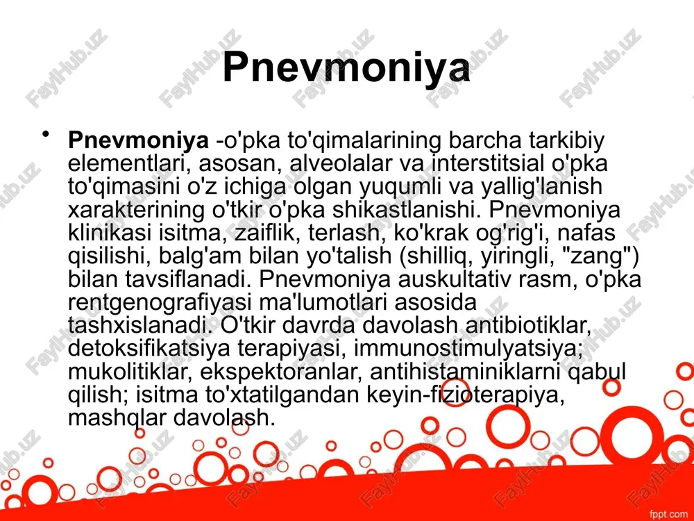yoki pulmonologiya bo'limida kasalxonaga yotqiziladi. isitma va intoksikatsiya davrida yotoqda dam olish, ko'p miqdorda iliq ichimliklar, yuqori kaloriya, vitaminlarga boy oziq-ovqat beriladi. nafas olish etishmovchiligi holatlarida pnevmoniya bilan og'rigan bemorlarda kislorod inhalatsiyasi buyuriladi. o‘pka abssessi o‘pka abssessi deb, o‘pka to‘qimasining chegaralanishiga moyil bo‘lgan yiringli chirishiga aytiladi.o‘pka gangrenasi deb, o‘pka to‘qimasining chegaralanmay yiringli chirishiga aytiladi.etiologiyasi. o‘pka abssessini, asosan, streptokokklar, sta- filokokklar keltirib chiqaradi. bundan tashqari, fridlender tayoq- chasi, ichak tayoqchasi, viruslar, bakteriyalar keltirib chiqargan o‘choqli zotiljamdan keyin rivojlanadi. o’pka raki o'pka saratonining erta belgilari o'pka saratonining dastlabki belgilari nimadan iborat? bu siz har qanday sigaretadimi yoki yo'qmi, har kim uchun muhim savol. o'pka saratoniga teng imkoniyat kasalligi. sigaret chekmaydiganlarda paydo bo'ladi, ayollarda erkaklar kabi deyarli tez-tez uchraydi va yosh kattalarda paydo bo'ladi. aslida, o'pka saratoni yosh, sigaret chekadigan ayollarda ortib bormoqda. o’pka exinokoki og‘ir parazitar kasallik hisoblangan exinokokkozning kistoz (pufakcha) va alveolyar (ko‘p uyali) turlari mavjud. har ikkala turini ham tasmasimon …