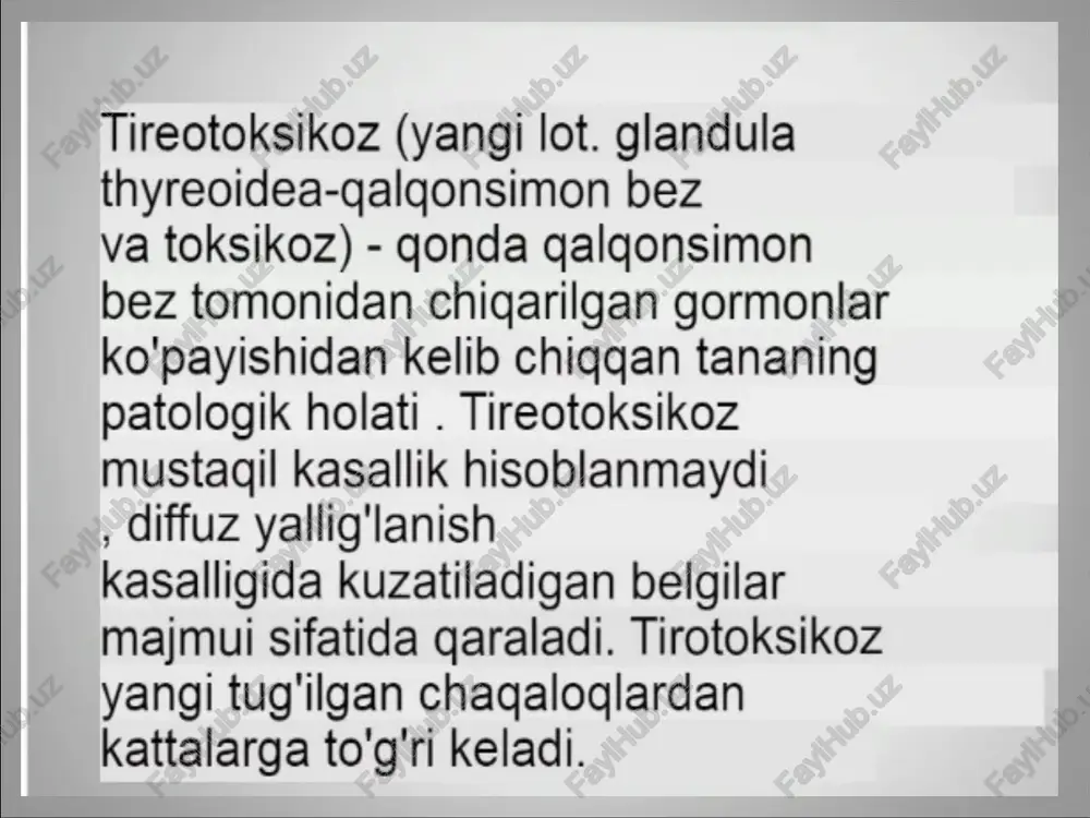 g konsentratsiyasi oshadi ogiir xilma -xil tireotoksikoz — davolanmagan yoki noto’g'ti davolangan tireotoksikoz natijasida yuzaga keladi. ushbu shakida alohida organlar tomonidan tizimlarning funktsiyalari buzilgan. eng aniq asoratlar va klinik ko'rinishlar : ihd, yurak etishmovchiligi, nisbiy buyrak usti etishmovchiligi, parenximal organlarda distrofik o'zgarishlar, psixoz, oniy vazn yo'gotish, onda sezilarli tsh miqdori t4 va t3 gormonlarining kamayishi yoki ko'payishi qalgonsimon bez hajmiga ko'ra tasnifi (1955 yilda o. nikolaev) 0-00 bosgichi sezilmaydi t bosqich-palpatsiya paytida bachadon bo'yni mintagasining kengayishi belgilangan. il bosqich-yon qismlari ortadi. ill bosqich-vizual oo ("alin bo'yin") ‘oshishi aniglanadi iv bosqich-oo ning oshishi belgilangan v bosqich-katta hajmli guatr. ]: |e ga ga |< | - - i ii ill vi wd ‘ standart 1 | exmmbecuanan | oympecnannin yoncuvecmia aos | saborenan tirotoksikoz belgilari konveks ko’zlari} oo hajmini palpatsiya yo'li bilan aniqlash laboratoriya sinovlari * 1. tsh sekretsiyasining pasayishi * 2. t3 va t4 chiqishi ortishi « 3. tsh retseptoridagi antikor …
