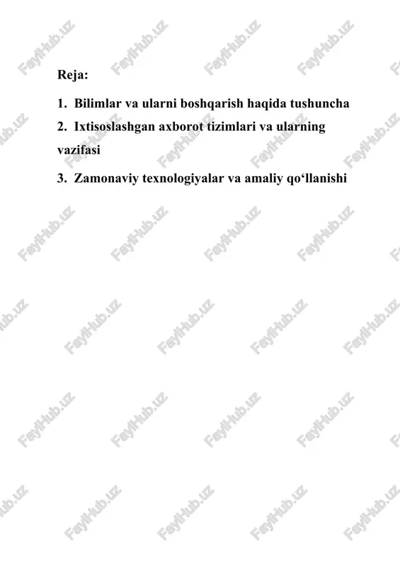 im rol o‘ynaydi. shuningdek, ixtisoslashgan axborot tizimlari — bu ma’lum soha yoki vazifaga yo‘naltirilgan dasturiy vositalar bo‘lib, ular muayyan turdagi bilimlarni avtomatik ravishda qayta ishlash va tahlil qilish imkonini beradi. tibbiyot, ta’lim, muhandislik, moliya kabi sohalarda qo‘llanilayotgan bu tizimlar murakkab masalalarni hal qilishda bilimlarga asoslangan qarorlar qabul qilishni ta’minlaydi. 1.bilimlar tizimi bu – asosan bilimlar bazasidir. bilimlar bazasi biror sohada oldindan belgilangan shart-sharoitlarga javob bera oladigan ma'lumotlar bazasini yaratish va undan foydalanish muhim ahamiyat kasb etadi. bilimlar bazasini shakllantirish turli uslublar orqali amalga oshirilishi mumkin. bunda muammolarning aksariyati bilimlar bazasining umumiy tuzilishi va uni tashkil etuvchi elementlarning o'zaro bog'lanish usuliga taalluqli bo'ladi. umumiy hofda bilimlar bazasini yaratish dasturlar tizimini yaratishga o'xshash bo'ladi. bilimlar bazasi - bu ayrim predmet sohalari murakkab vazifalar yechimini topish uchun tahlil va xulosalarni yuzaga keltiruvchi model, qoida, omillar (ma’lumotlar) majmuidir. bilimlar bazasi jamiyatning ajralmas qismi bo'lib, uning o'tmishi, bugungi kuni va kelajagi haqidagi bilimlarni o'zida mujassamlashtiradi. …