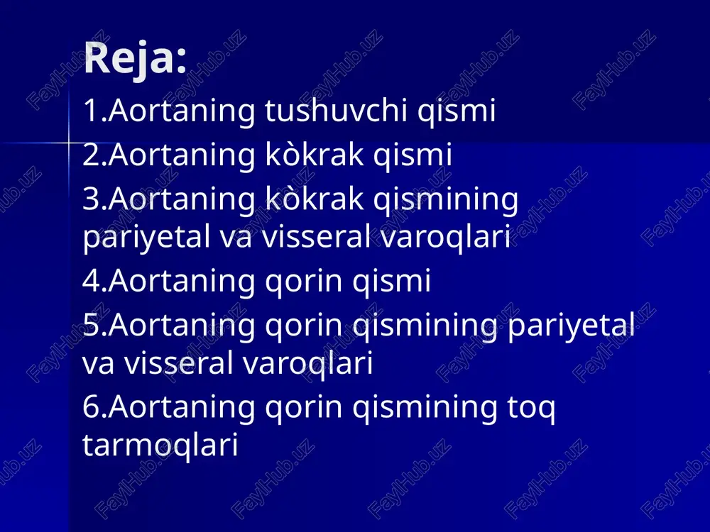 erales) ham chiqadi.xii orqa qovurĝalararo arteriya xii qovurĝa ostida yotgani uchun qovurĝa osti arteriyasi (a.subcostalis) deb ataladi.x-xii orqa qovurĝalararo arteriyalar qorinning qiyshiq mushaklari orasidan òtib,qorin devorining ustki arteriyasi tarmoqlari bilan anastamozlashadi. 19-raqamda rr.mammarii laterales ni,17-raqamda esa rr.cutaneus lateralis ni kòrish mumkin 2.diafragmaning ustki arteriyalari (a. phrenica superiores )juft,aortadan difrafragmaning ustidan boshlanib uning bel qismini va uni qoplagan pariyetal plevrani qon bilan ta'minlaydi. aortaning kòkrak qismining visseral tarmoqlari 1.bronxlarga yònaluvchi tarmoqlar (rr.bronchiales) 2.qizilòngachga yònaluvchi tarmoqlar (rr.esophageales) 3.yurak xaltasiga yònaluvchi tarmoqlar (rr.pericardiaci) 4.kòks oraliĝiga yònaluvchi tarmoqlar (rr.mediastinales) 1.bronxlarga yònaluvchi tarmoqlar (rr.bronchiales) 2-3 ta bòlib,bronxlar devorini va òpka tòqimasini qon bilan taminlaydi. 2.qizilòngachga yònaluvchi tarmoqlar (rr.esophageales) 1-5 ta bòlib,aortaning turli sohalaridan boshlanib,qizilòngach devorini qon bilan ta'minlaydi. 3.yurak xaltasiga yònaluvchi tarmoqlar (rr.pericardiaci) perikardni qon bilan ta'minlaydi. 4.kòks oraliĝiga yònaluvchi tarmoqlar (rr.mediastinales) orqa kòks oraliĝi biriktiruv tòqimasini,limfa tugunlarini qon bilan ta'minlaydi. aortaning qorin qismi aortaning qorin qismi (pars abdominalis aortae) aortaning kòkrak qismini bevosita davomi …