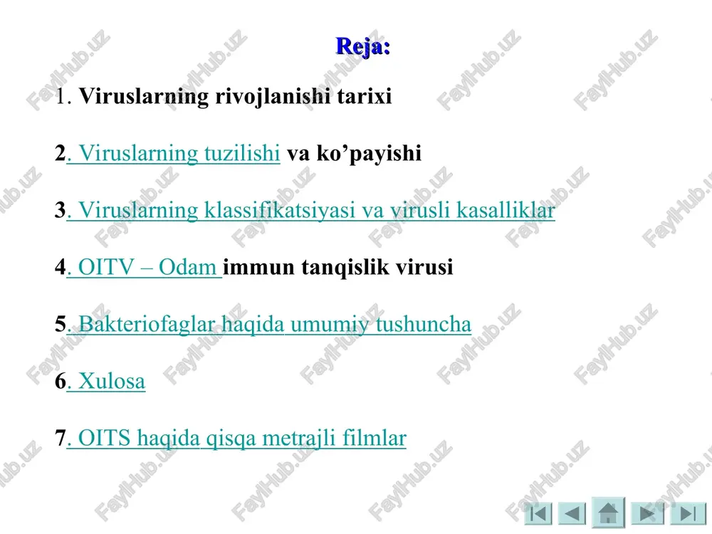 h va doshqa olimlar virusli kasalliklarni o‘rganish sohasida katta va samarali ish qildilar. hozirgi paytda viruslarning odam va hayvonlarda turli kasalliklar qo‘zg‘atuvchi 1000 dan, o‘simliklarda 800 dan ortiq turi ma’lum. 2. viruslarning tuzilishi va rivojlanishi viruslar juda ham mayda bo‘lib, oddiy mikroskopda ko‘rinmaydi, ularni faqat 1000 va 10000 marta katta qilib ko‘rsatadigan elektron mikroskopda ko‘rish mumkin. shuning uchun ularning kattaligi millimikron yoki nanomikron bilan o‘lchanadi. virus – lotincha “zahar” degan ma’noni bildiradi. chunki viruslar o‘zidan zahar chiqarib ko‘pgina o‘simliklar, hayvonlarda va odamlarda turli: ya’ni o’simliklarda qand lavlagining sariq virusi, kartoshka bargining buralishi virusi, beda jaroxati shishi, beda mozaikasi virusi, hayvonlarda va odamda esa gripp, qizamiq, chechak, suvchechak, quturish kabi kasalliklarni keltirib chiqaradi. viruslar quyidagi shakllarda bo‘lishi aniqlangan. masalan, tayoqchasimon, sharsimon, kubsimon, ipsimon shakllarda bo‘ladi. umuman viruslarga xos xususiyatlar quyidagilar: 1) viruslarning kattaligi 7-20 nm dan 250-360 nm gacha; 2) filtrlardan, ya’ni bakteriyalarni tutib qoladigan filtrlardan bemalol o‘tib ketadi; 3) hujayraviy …